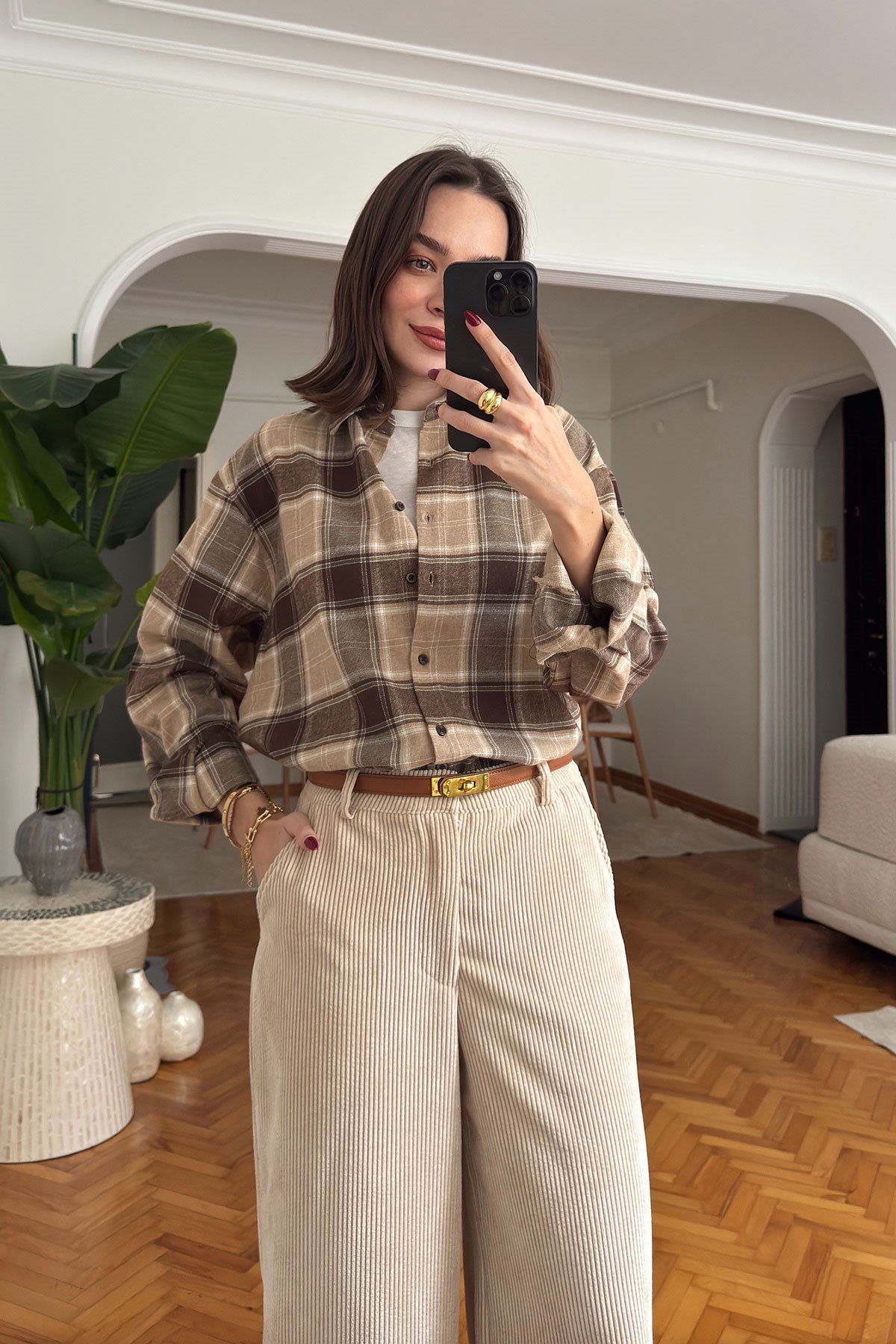Oversize Ekose Desen Oduncu Gömlek- KAHVERENGİ