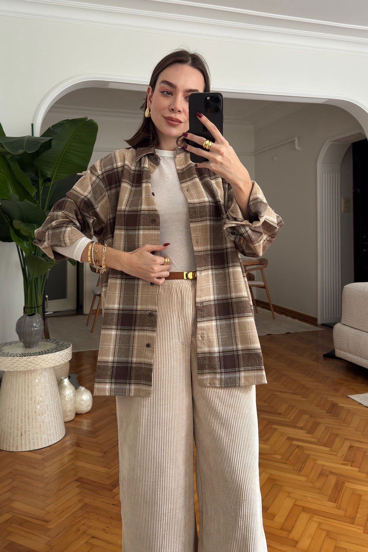 Oversize Ekose Desen Oduncu Gömlek- KAHVERENGİ