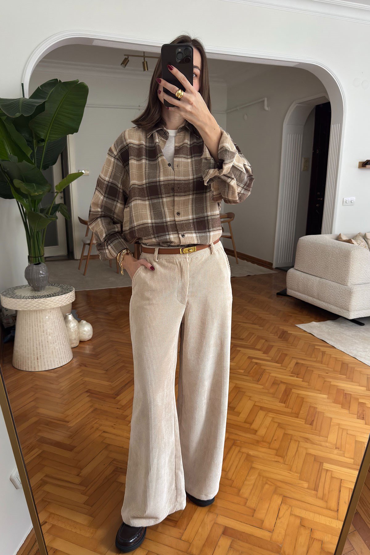 Oversize Ekose Desen Oduncu Gömlek- KAHVERENGİ