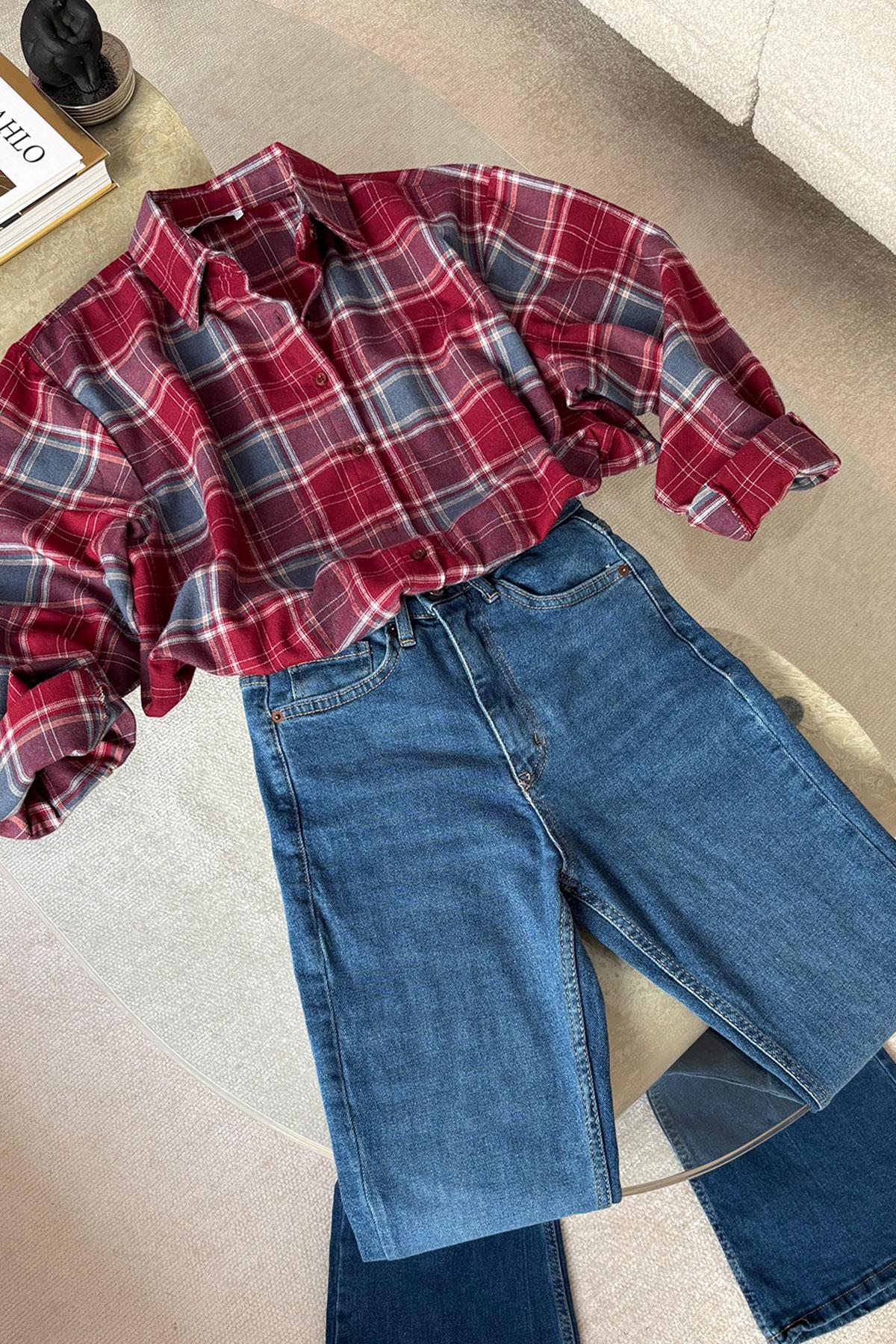 Oversize Ekose Desen Oduncu Gömlek- KIRMIZI