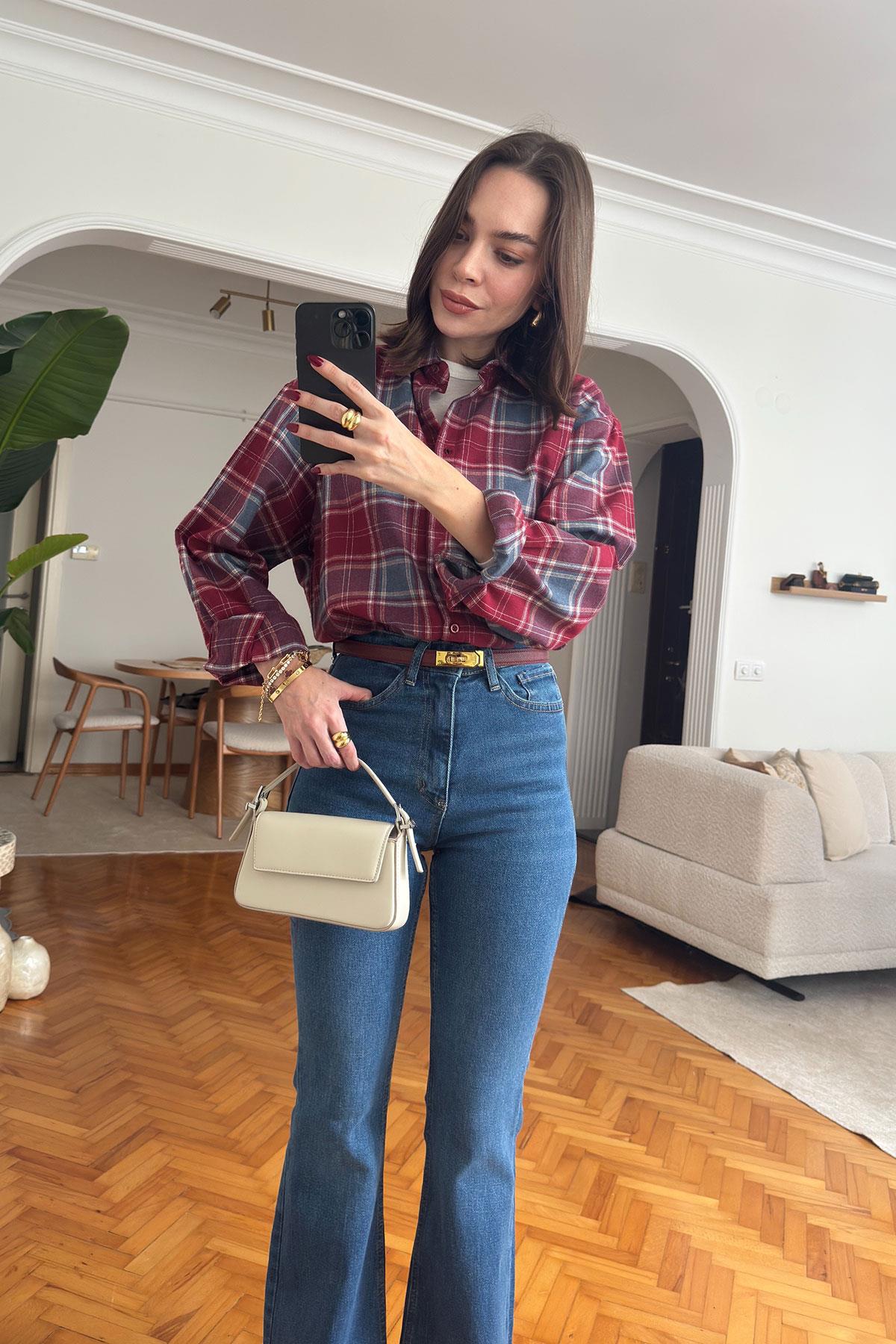 Oversize Ekose Desen Oduncu Gömlek- KIRMIZI