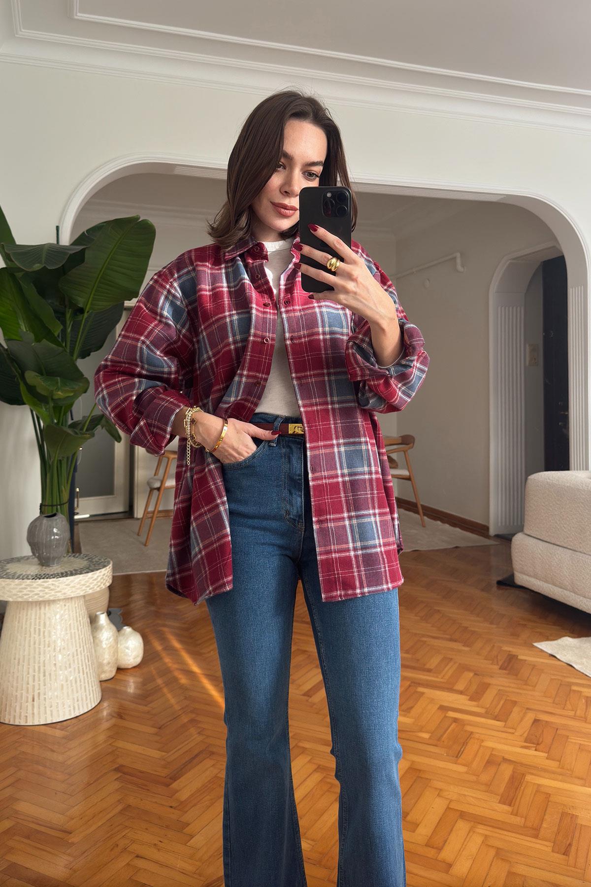Oversize Ekose Desen Oduncu Gömlek- KIRMIZI