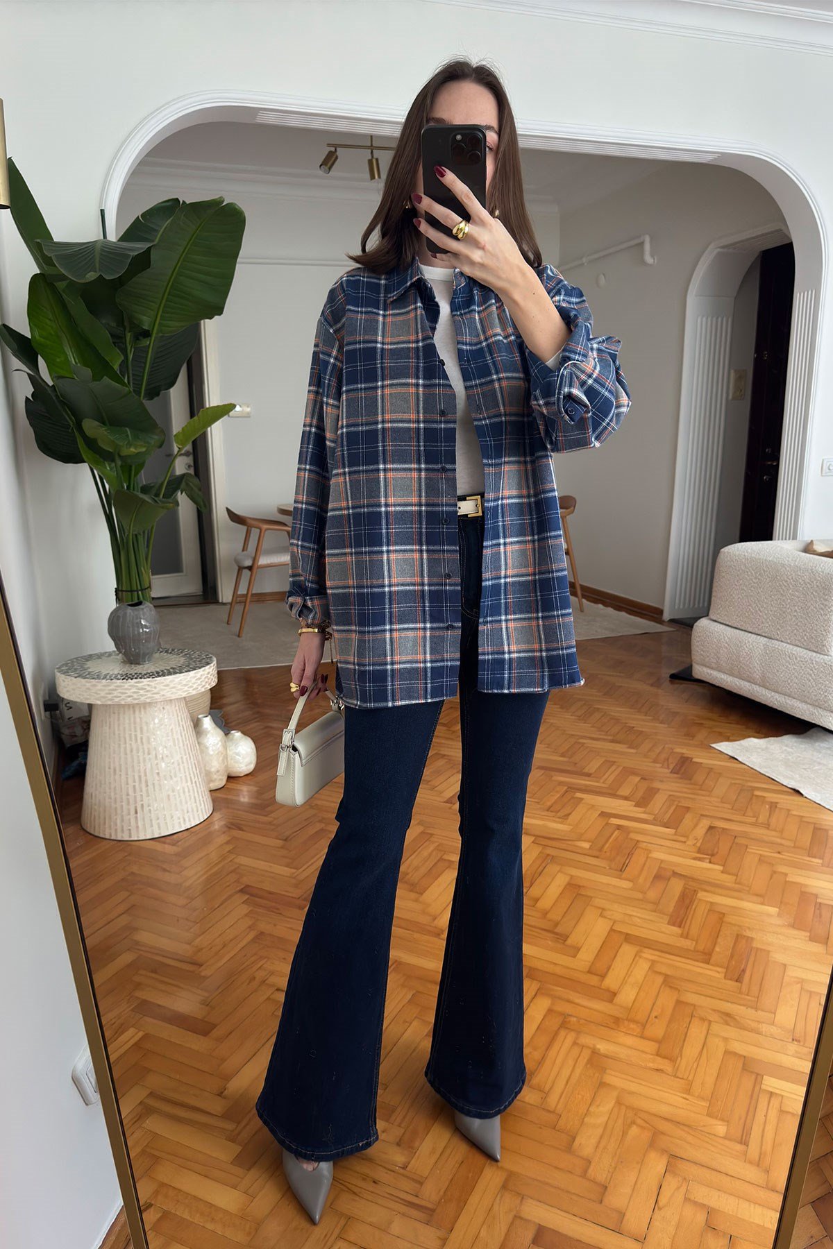 Oversize Ekose Desen Oduncu Gömlek- LACİVERT