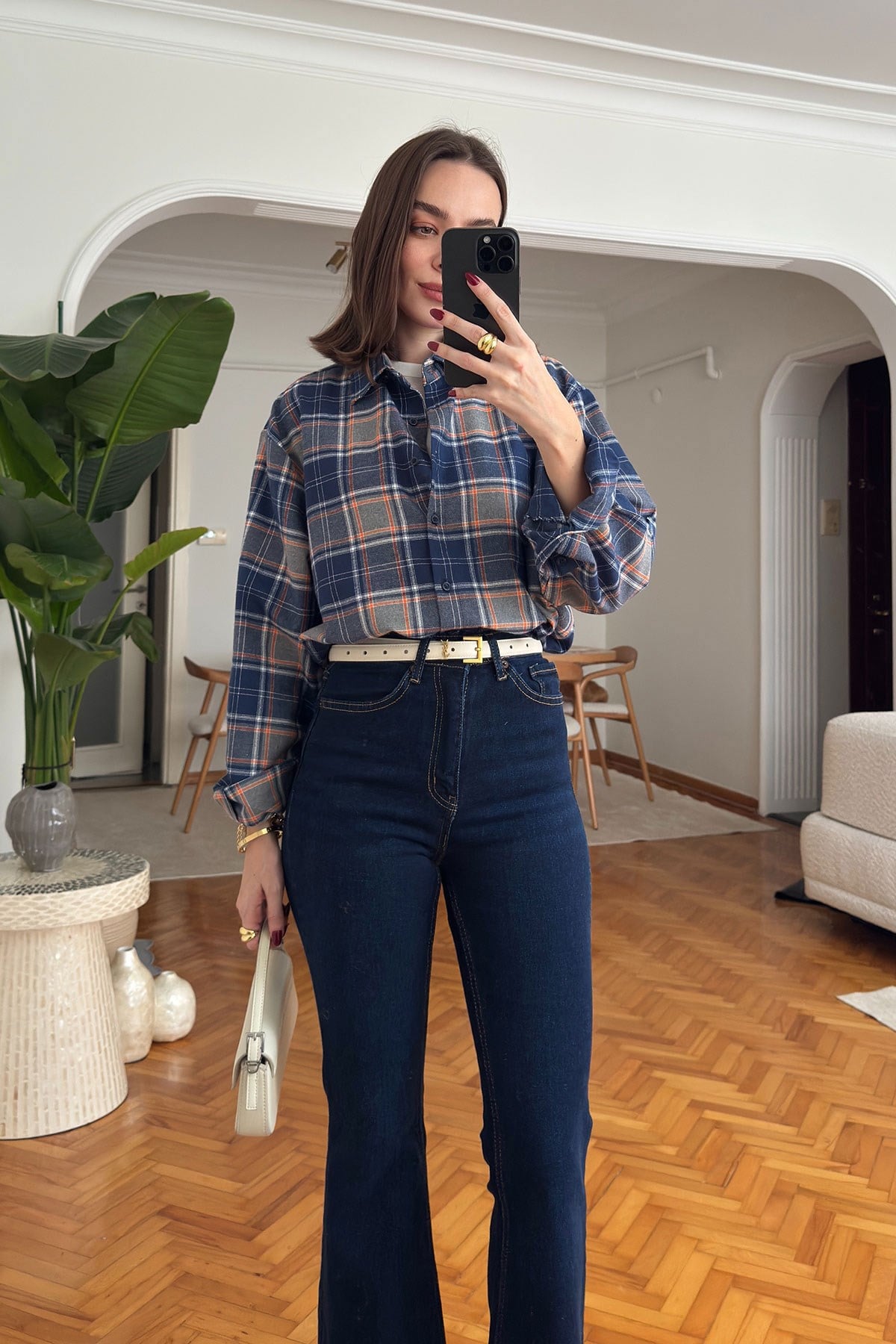 Oversize Ekose Desen Oduncu Gömlek- LACİVERT
