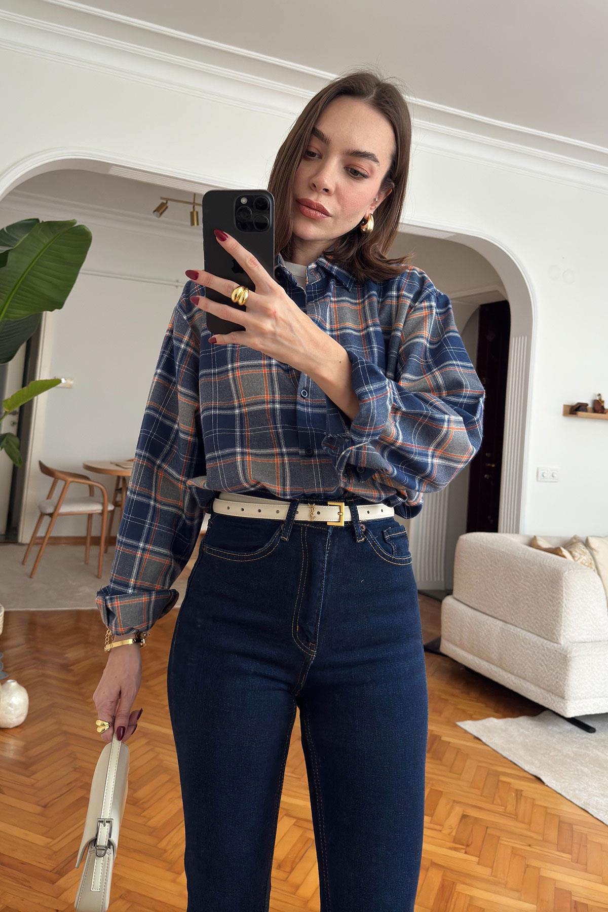 Oversize Ekose Desen Oduncu Gömlek- LACİVERT