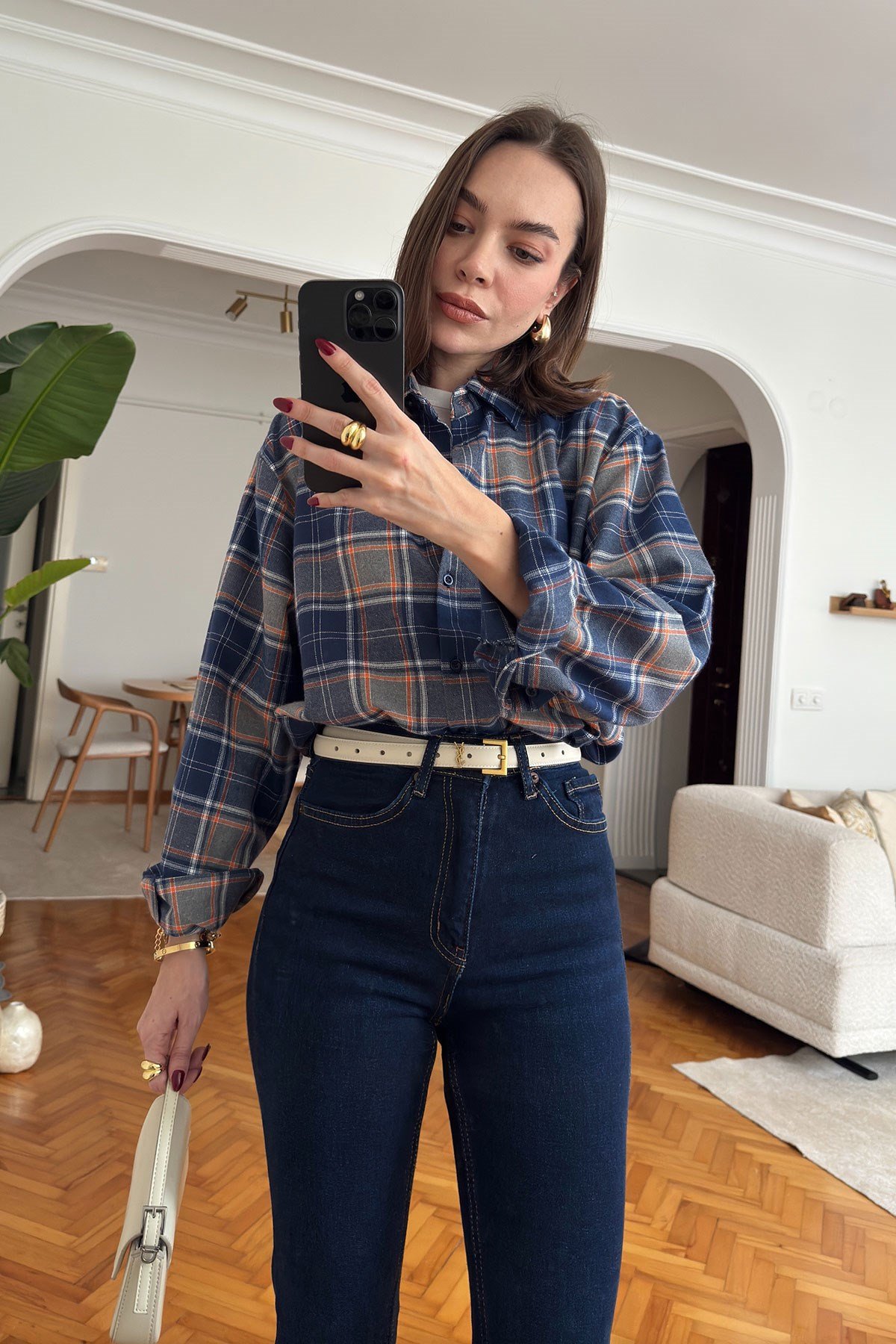 Oversize Ekose Desen Oduncu Gömlek- LACİVERT