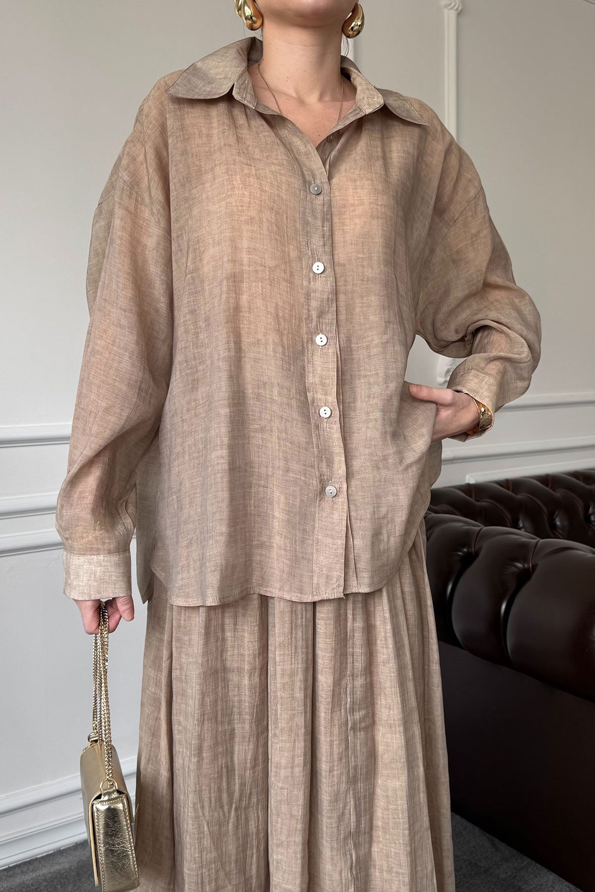 Oversize Gömlekli Etekli Takım- CAMEL