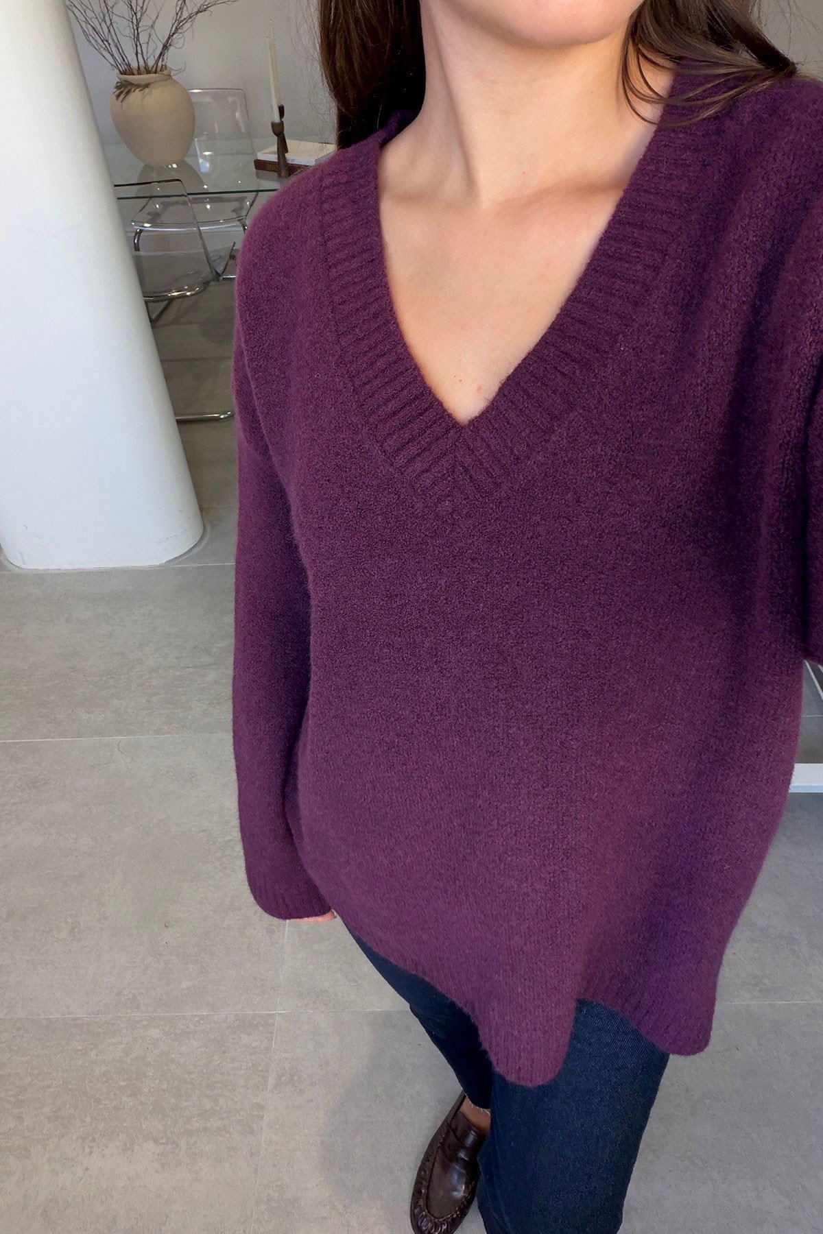 Oversize V Yaka Triko Kazak- BORDO