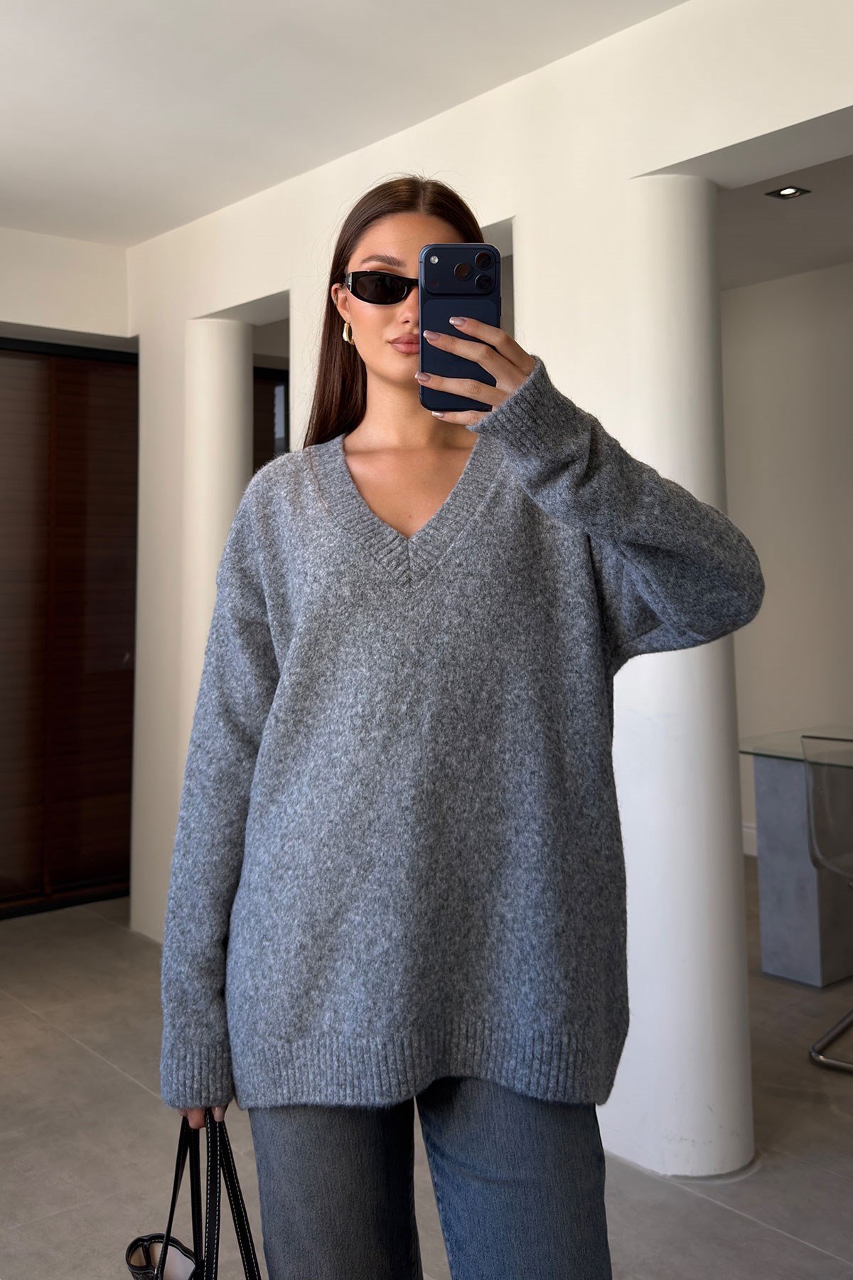 Oversize V Yaka Triko Kazak- GRİ
