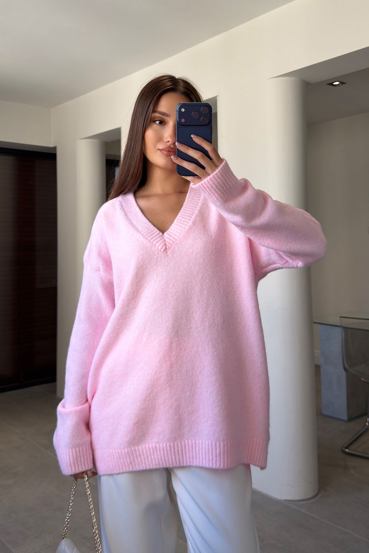 Oversize V Yaka Triko Kazak- PEMBE