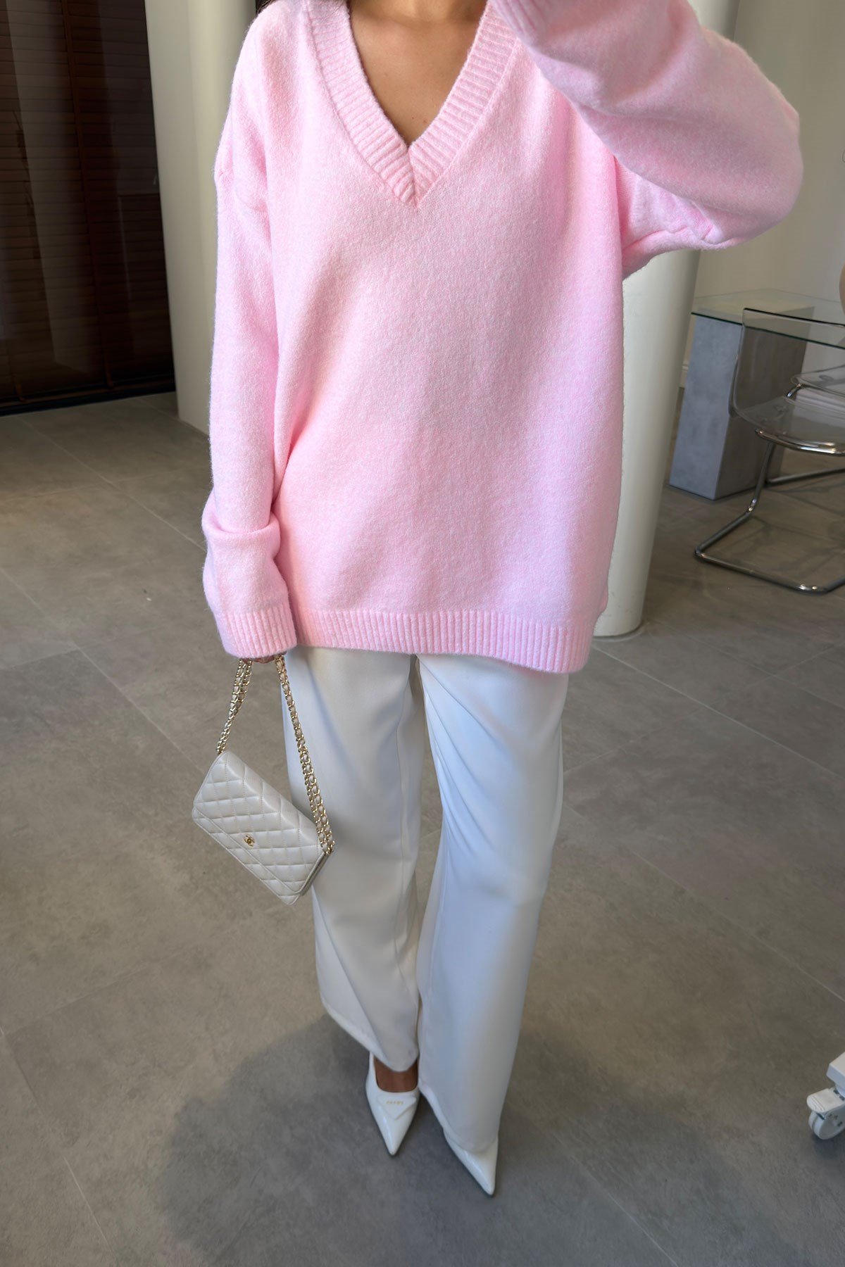 Oversize V Yaka Triko Kazak- PEMBE