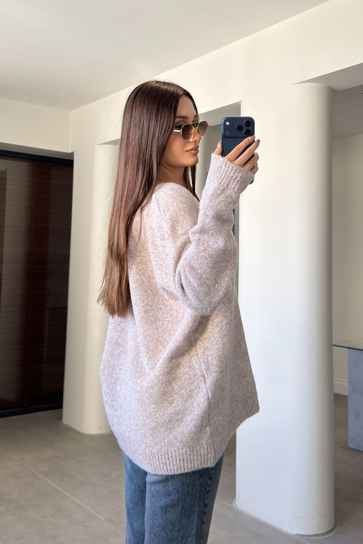 Oversize V Yaka Triko Kazak- VİZON