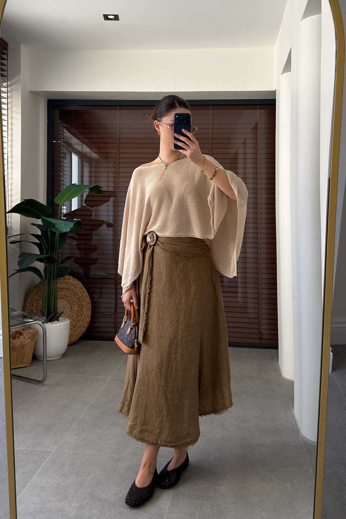 Özel İthal Seri Beli Lastikli %100Keten Etek- CAMEL