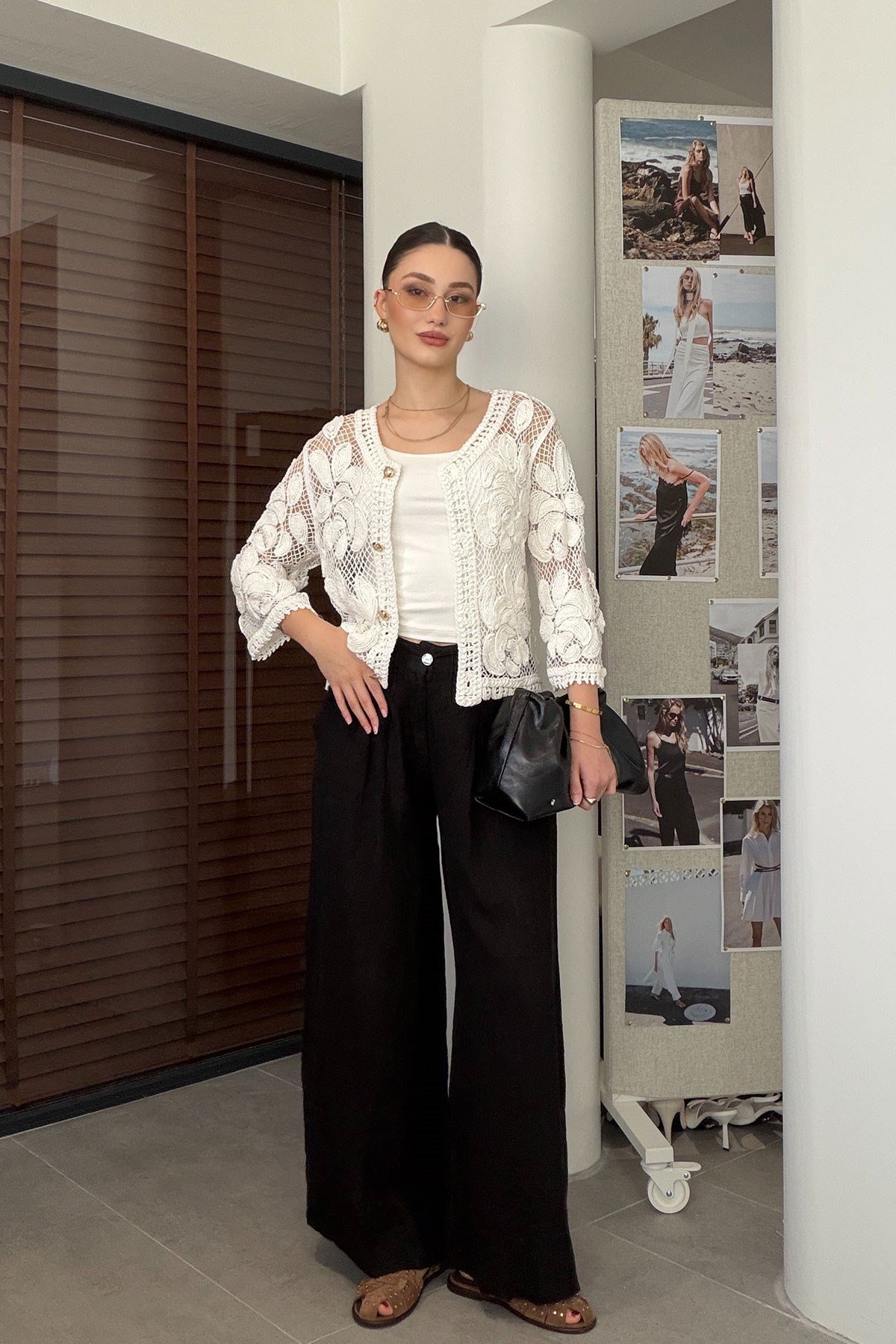 Özel Seri Beli Lastikli Bol Paça Keten Pantolon- SİYAH
