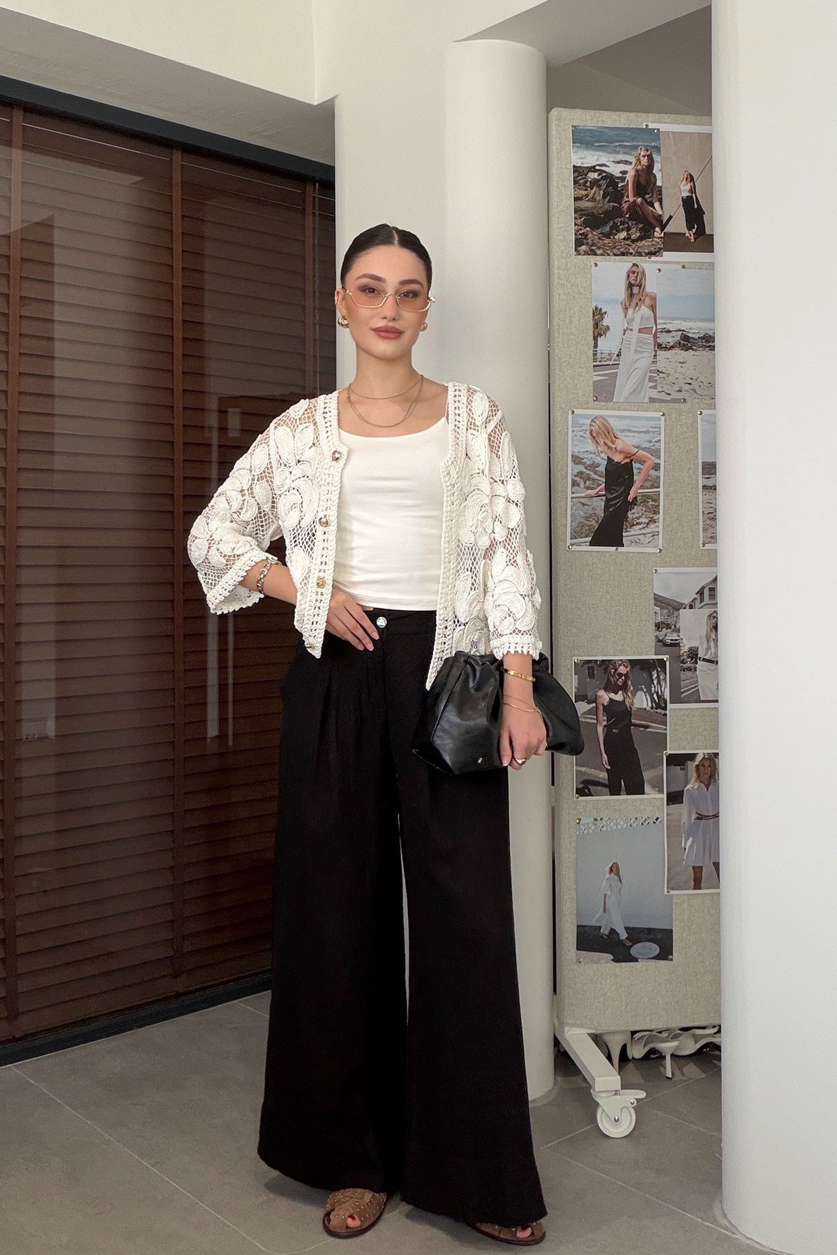 Özel Seri Beli Lastikli Bol Paça Keten Pantolon- SİYAH
