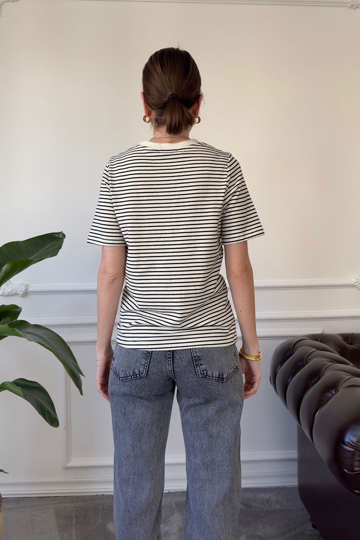 Pamuklu Çizgili Kısa Kol Tshirt- SİYAH