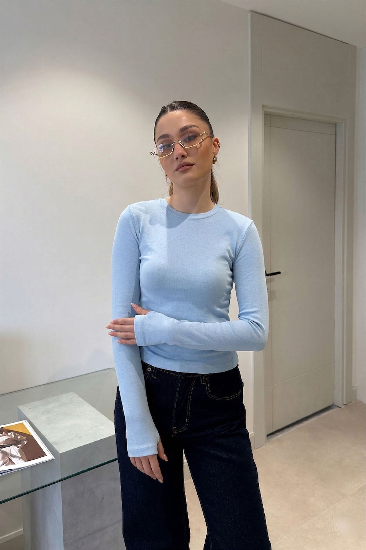 Parmak Geçmeli Uzun Kollu Body- BEBE MAVİSİ