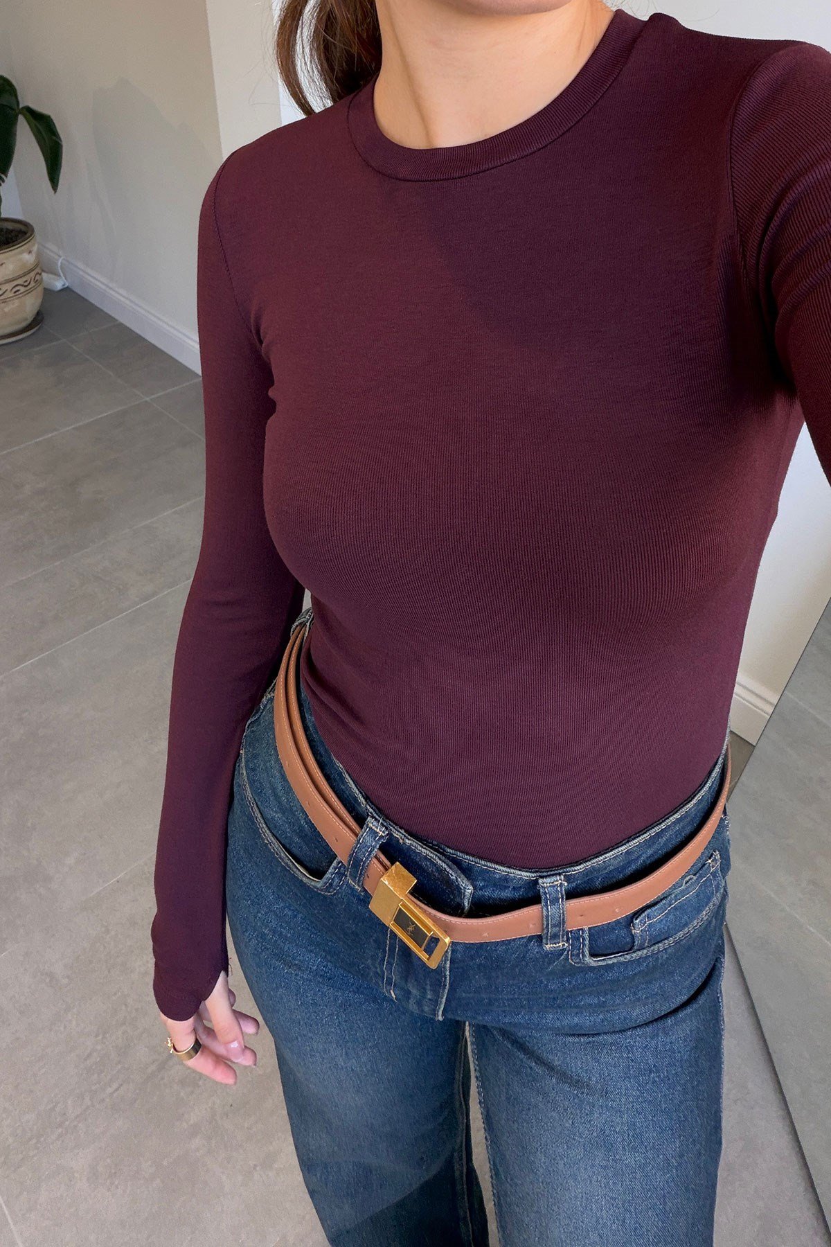 Parmak Geçmeli Uzun Kollu Body- BORDO