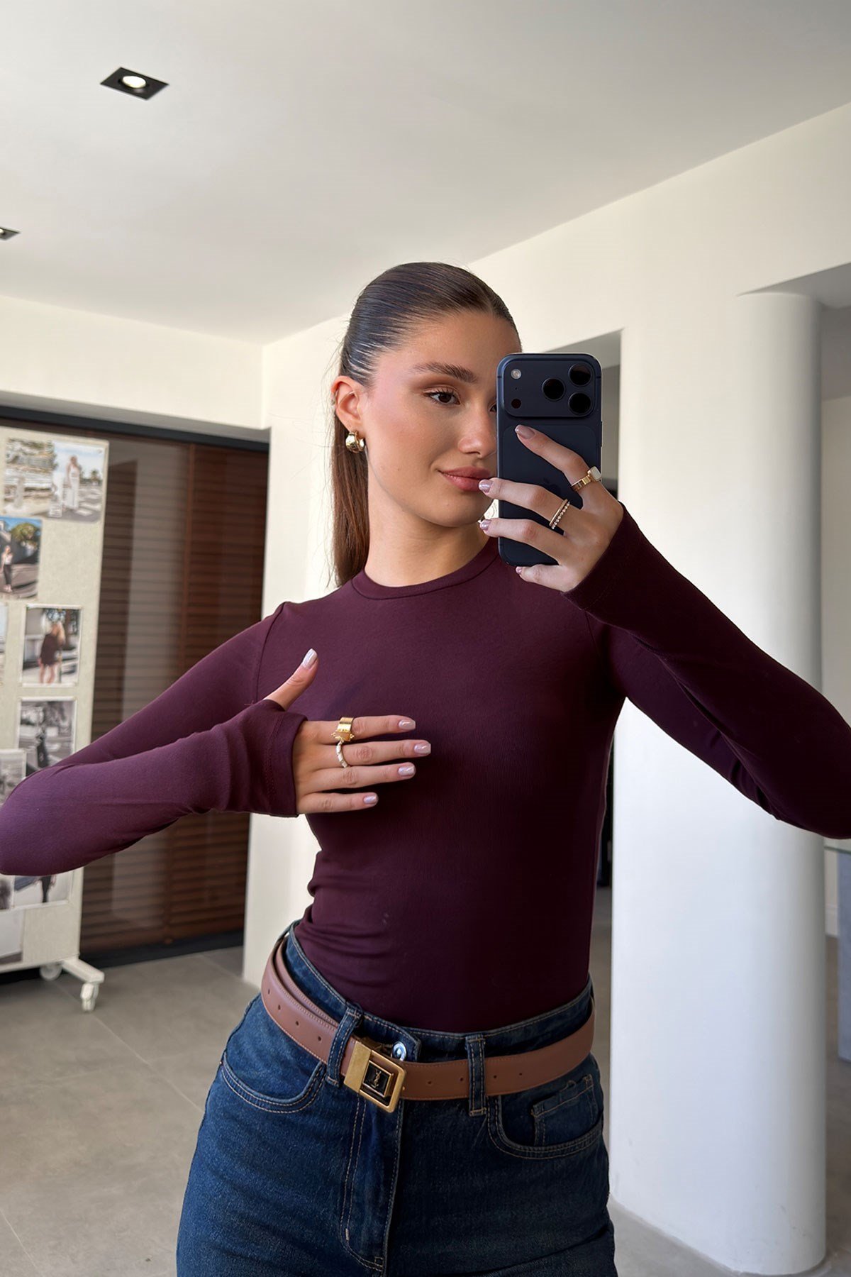 Parmak Geçmeli Uzun Kollu Body- BORDO