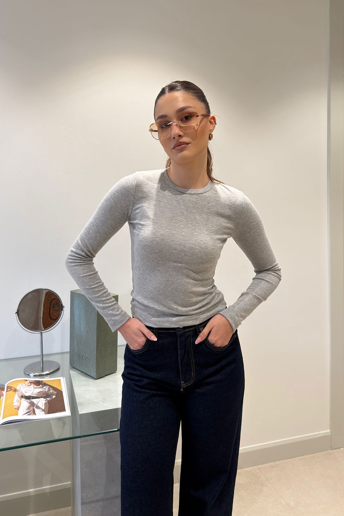 Parmak Geçmeli Uzun Kollu Body- GRİ