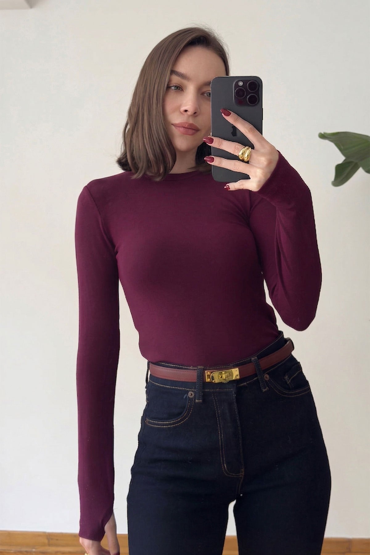 Parmak Geçmeli Uzun Kollu Body- KIRMIZI