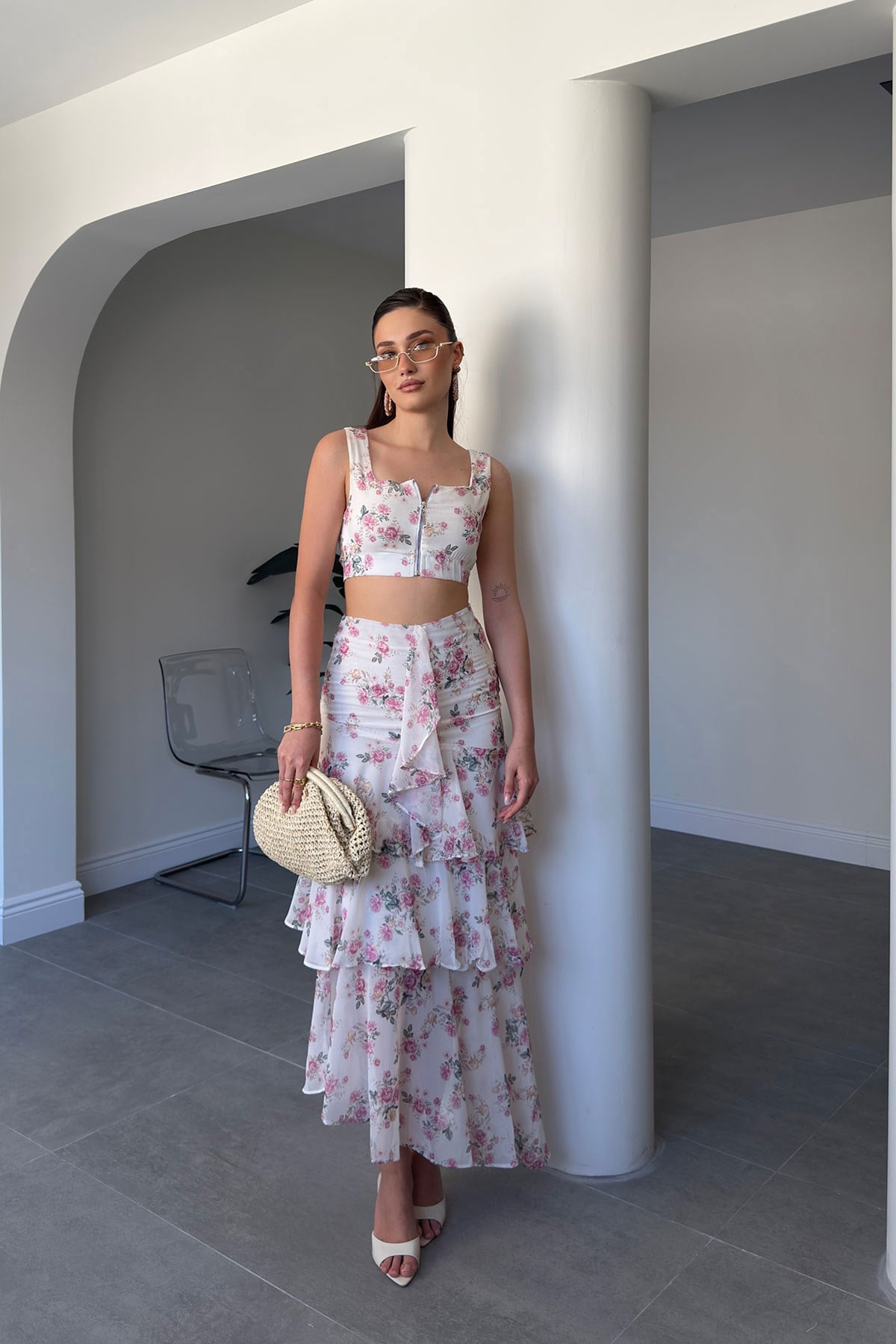 Pembe Çiçek Desenli Crop Bluz İkili Takım- EKRU