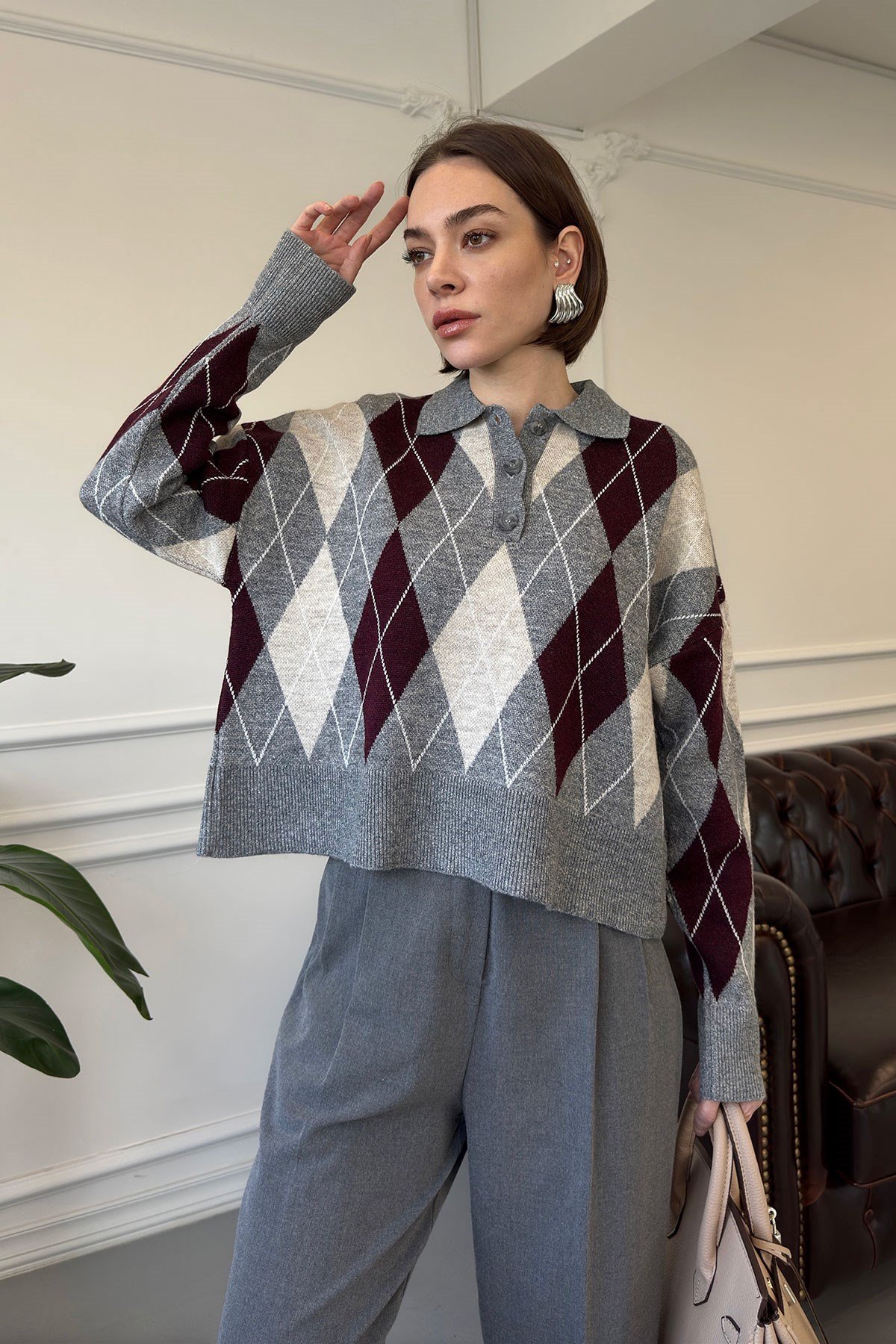 Polo Yaka Baklava Desen Kazak- BORDO