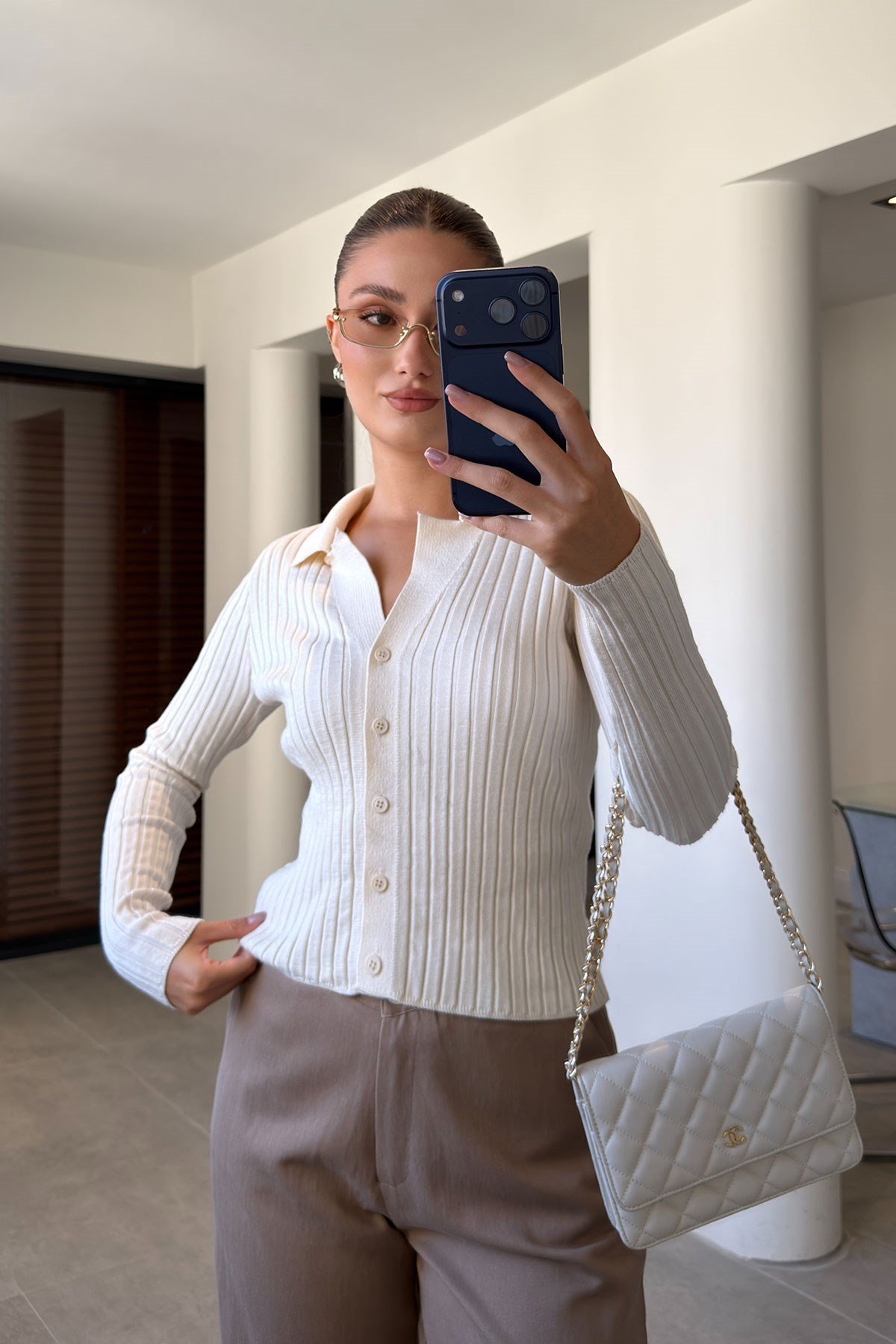Polo Yaka Fitilli Triko Hırka- KREM