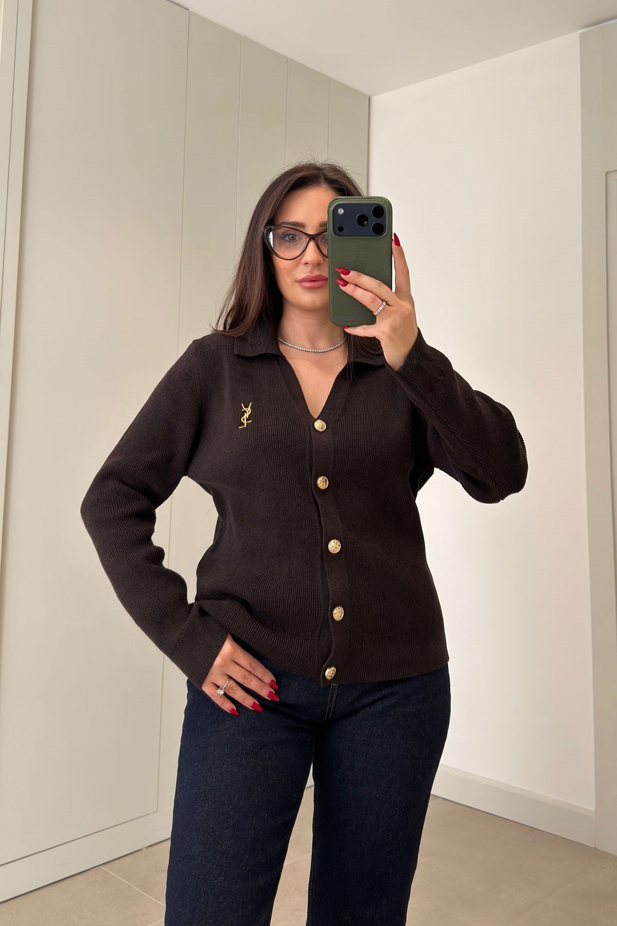 Polo Yaka Marka Nakışlı Orj Hırka- Koyu Kahve