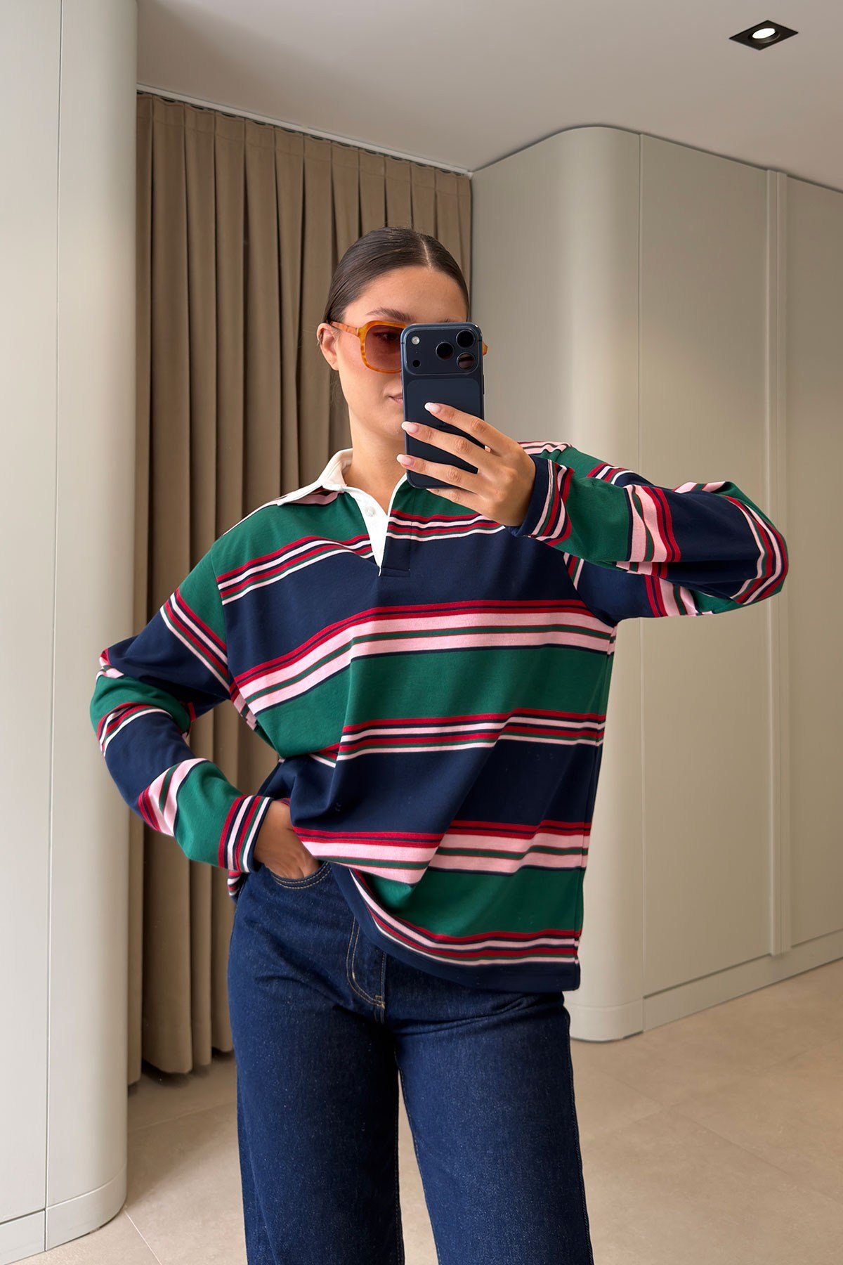 POLO YAKA PREMİUM ÇİZGİLİ SWEATSHİRT- YEŞİL