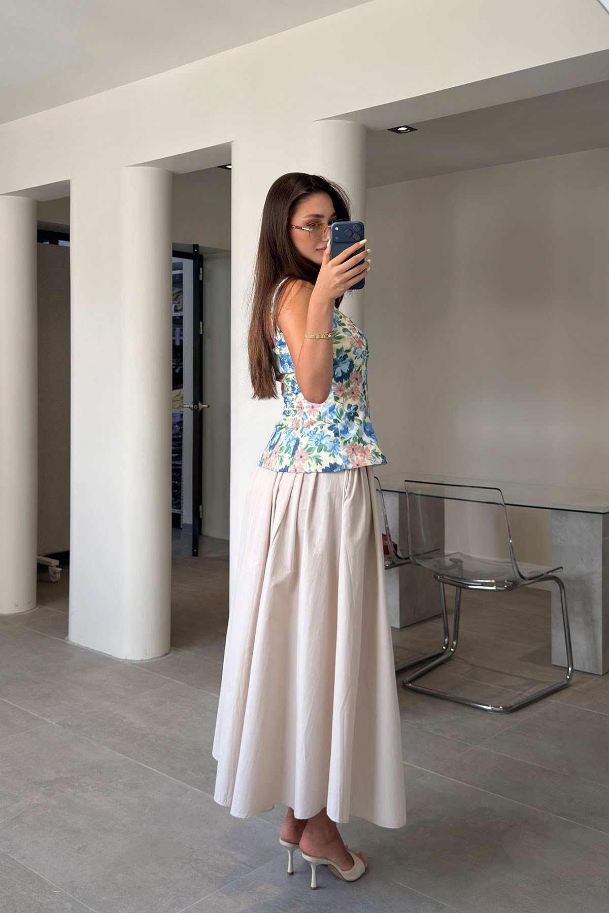 Poplin Beli Lastikli Cep Detay Etek- BEJ