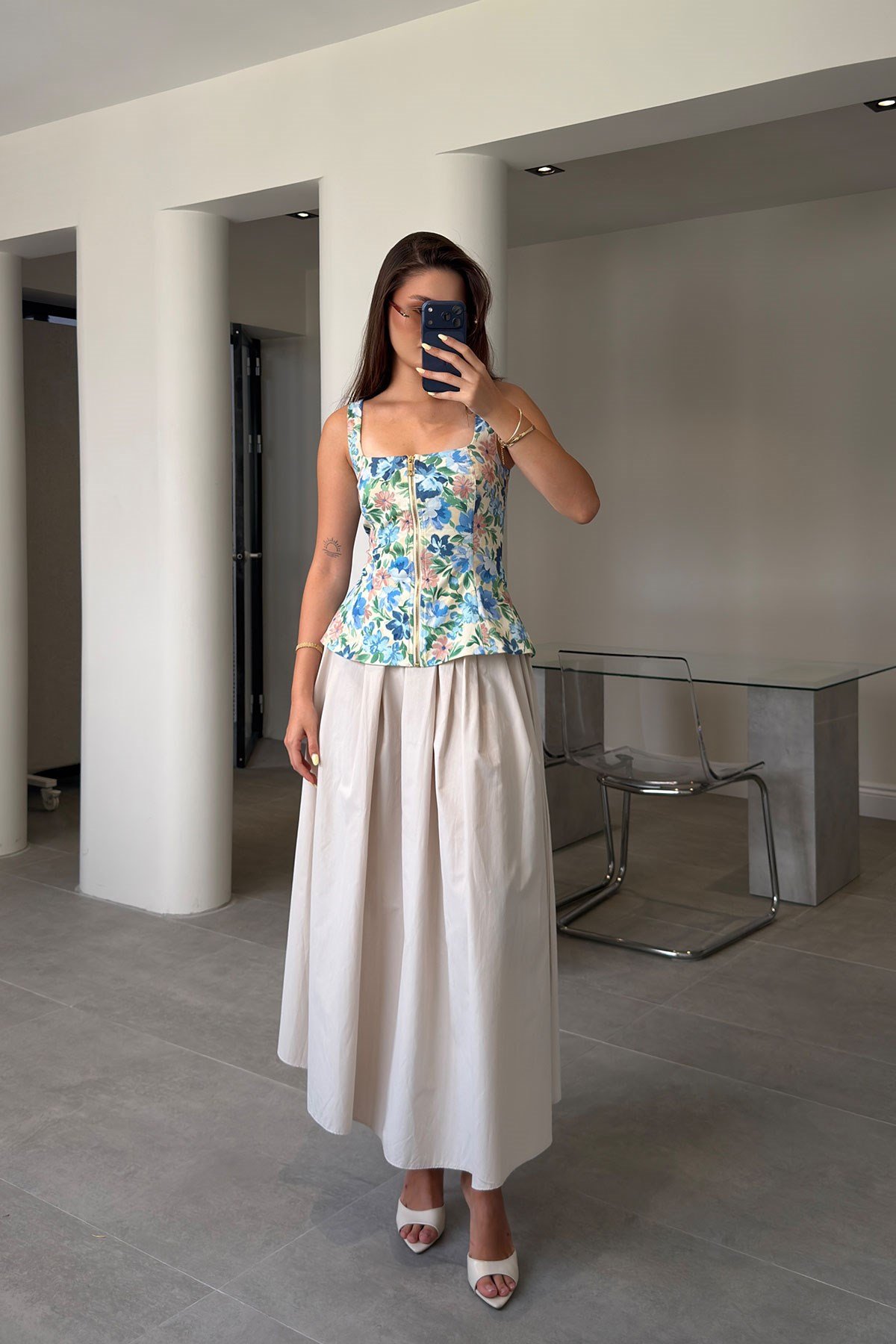 Poplin Beli Lastikli Cep Detay Etek- BEJ