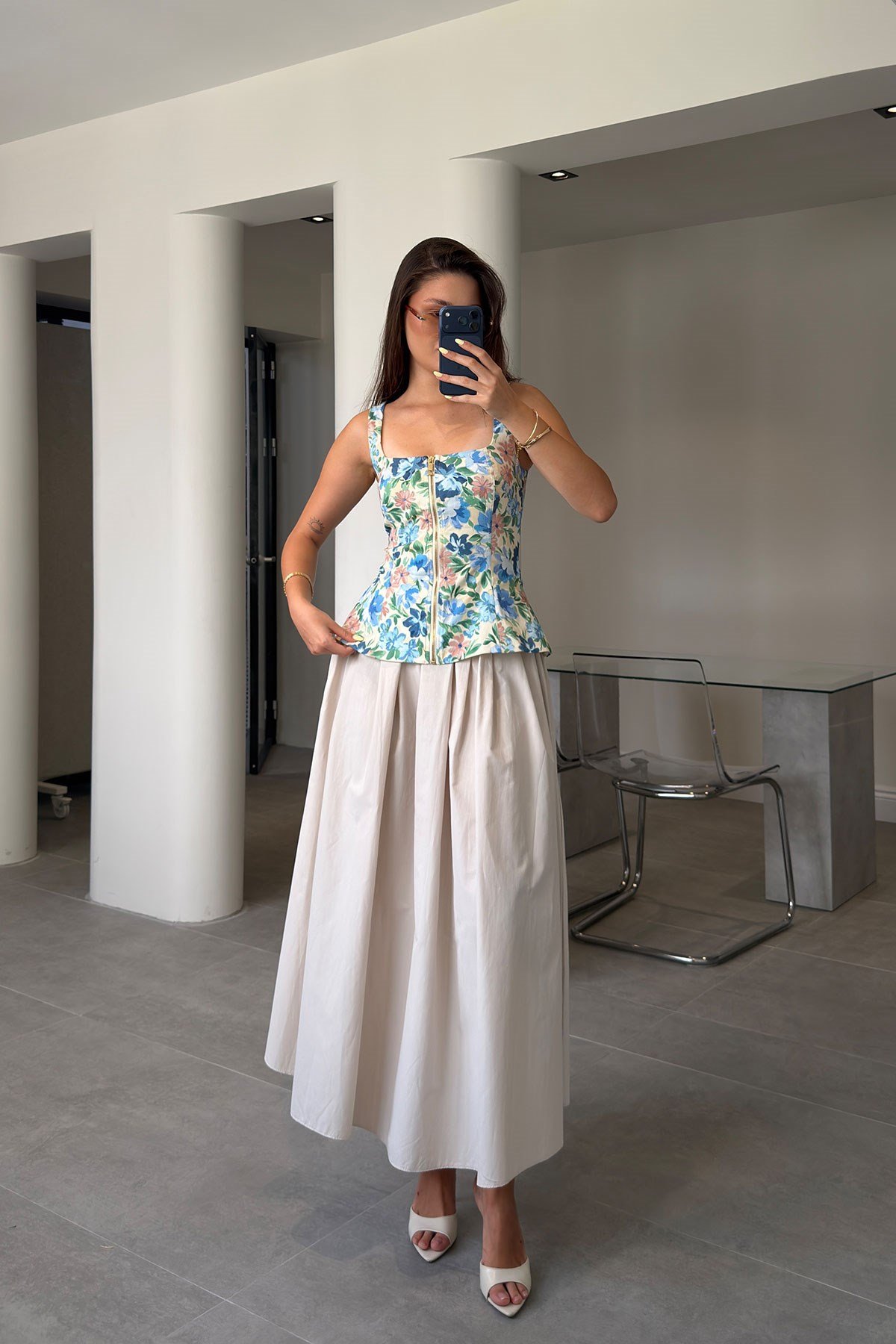 Poplin Beli Lastikli Cep Detay Etek- BEJ