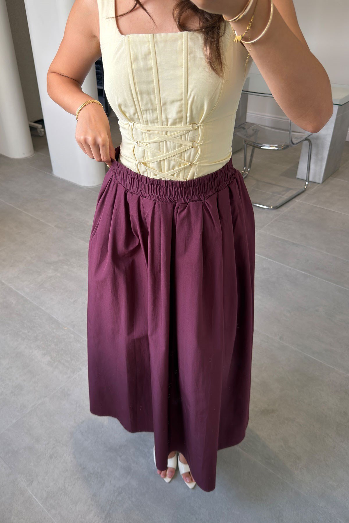 Poplin Beli Lastikli Cep Detay Etek- BORDO