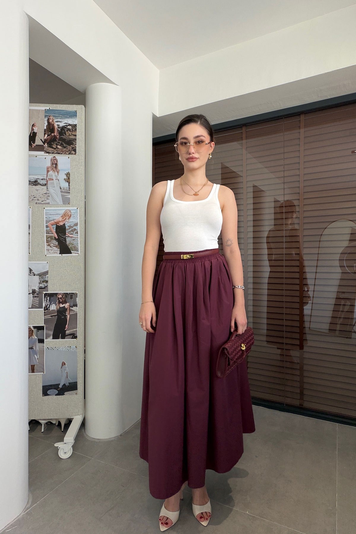 Poplin Beli Lastikli Cep Detay Etek- BORDO
