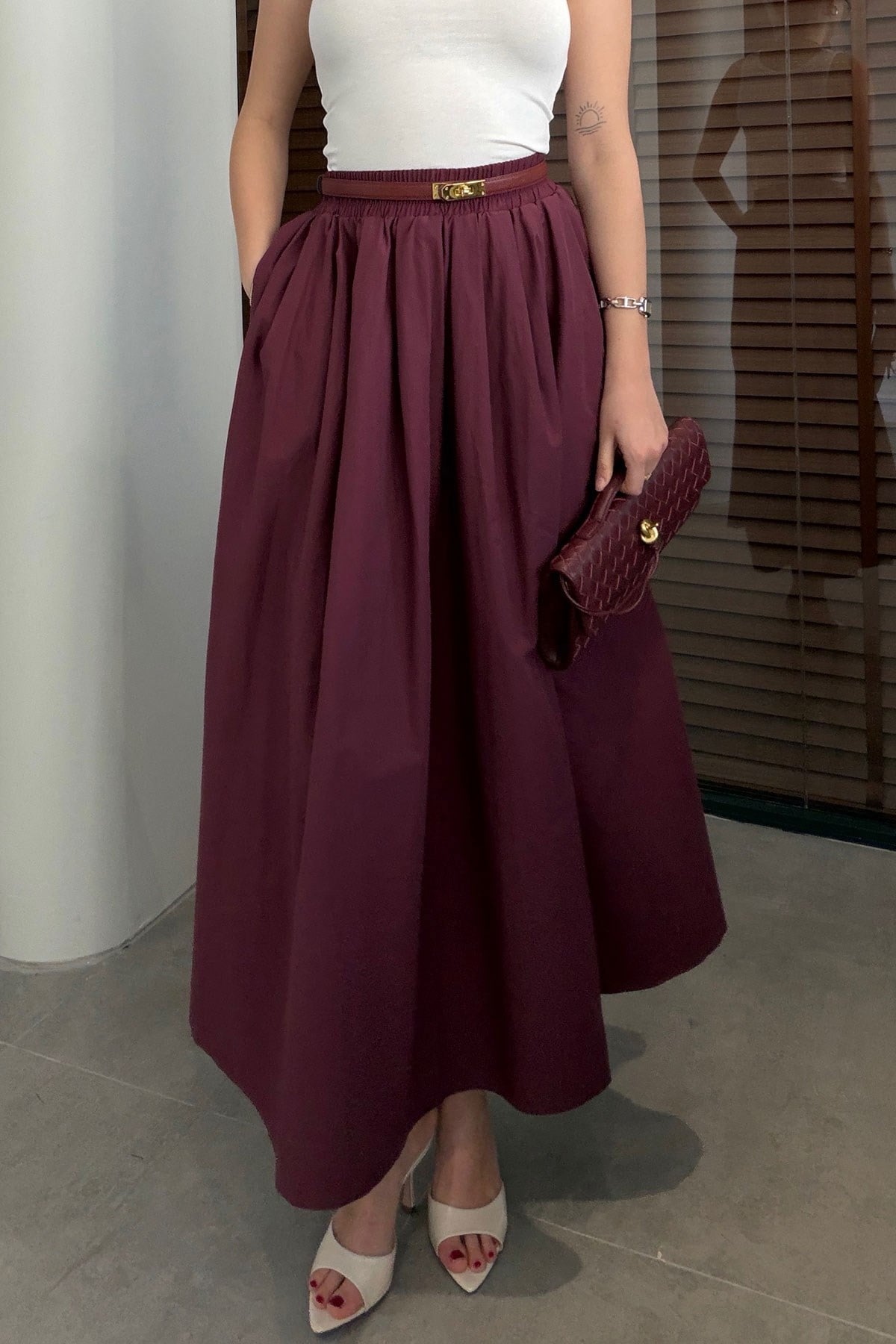 Poplin Beli Lastikli Cep Detay Etek- BORDO