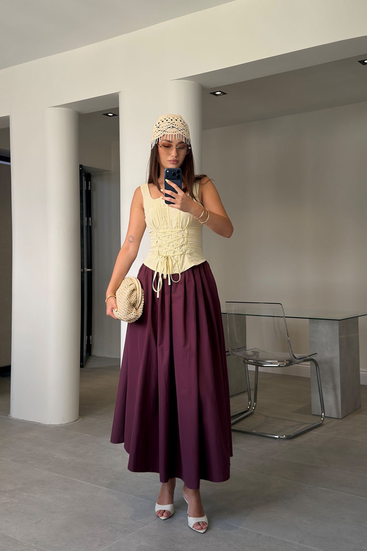 Poplin Beli Lastikli Cep Detay Etek- BORDO