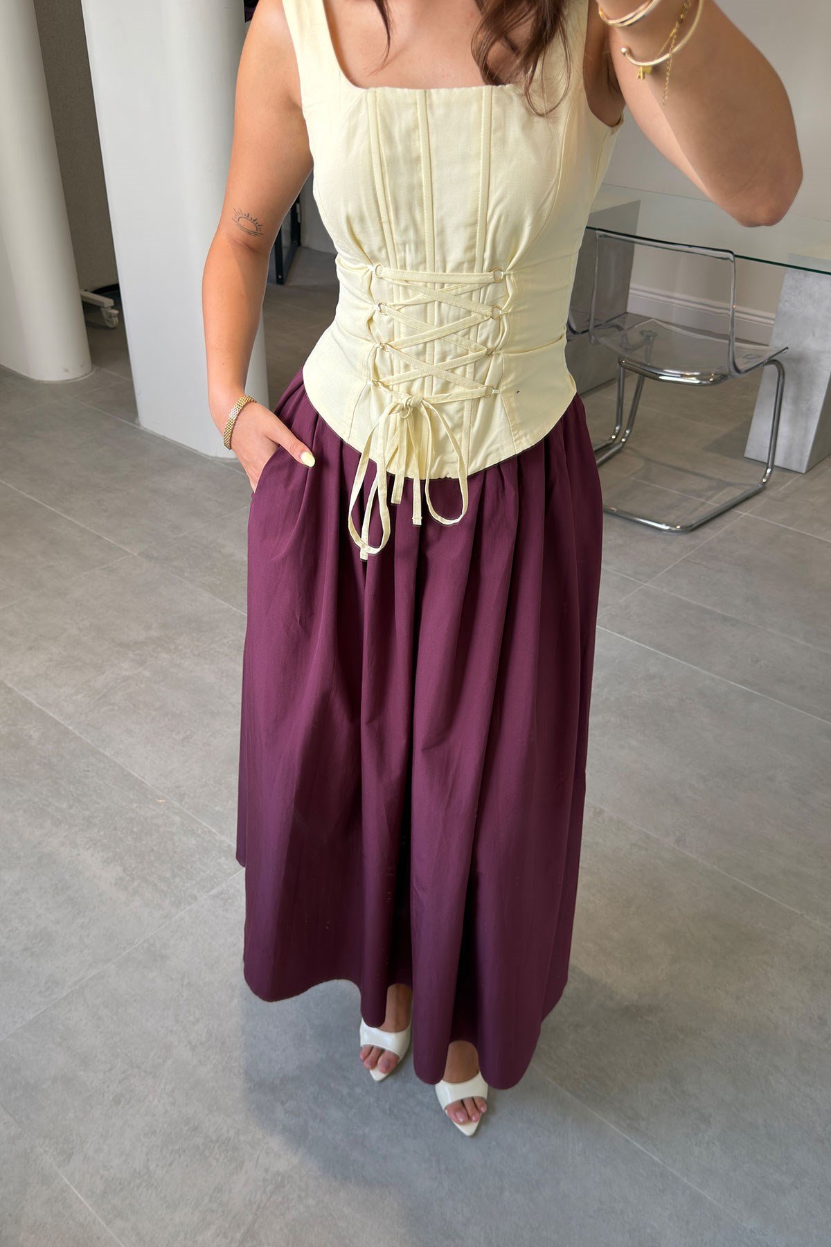 Poplin Beli Lastikli Cep Detay Etek- BORDO
