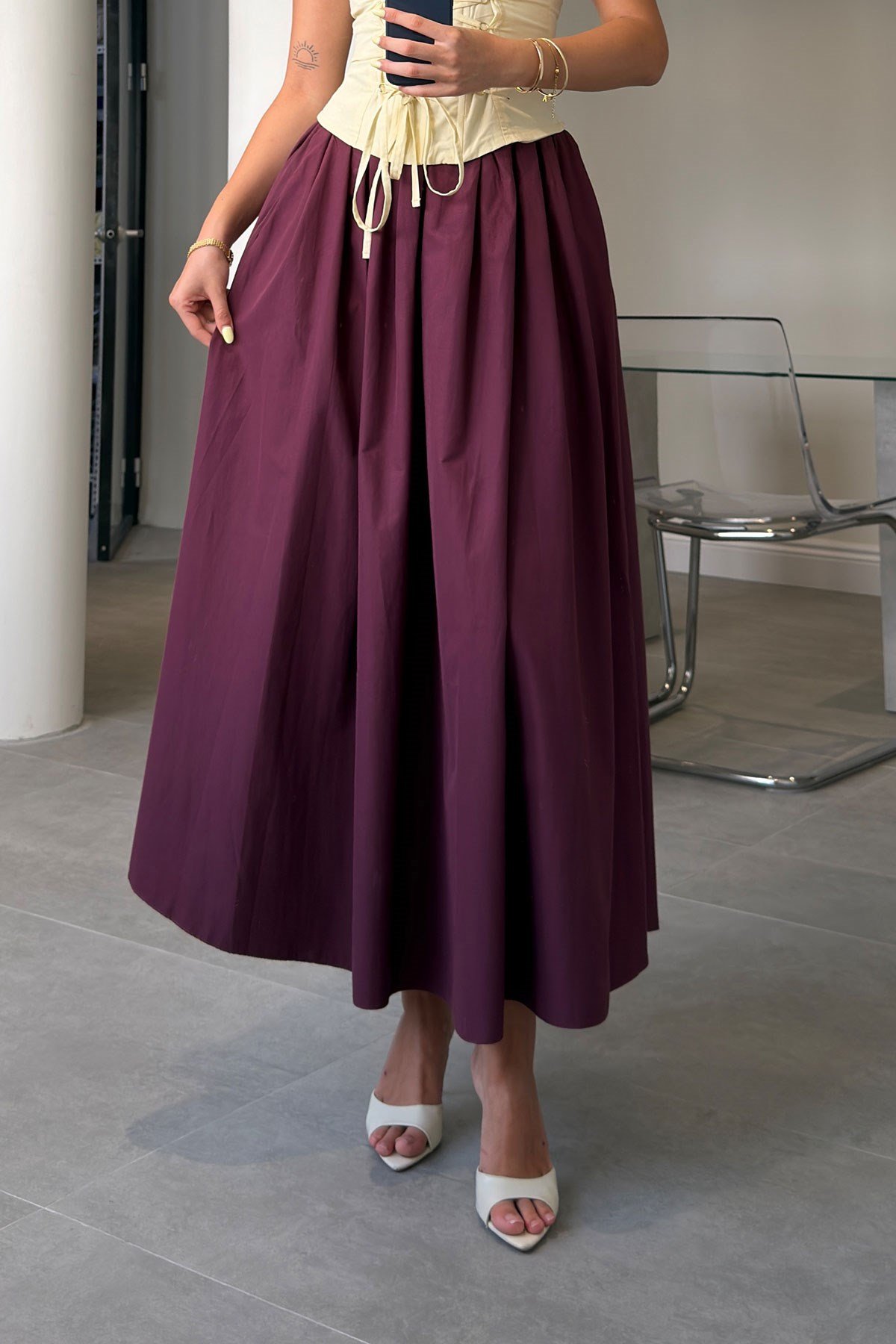 Poplin Beli Lastikli Cep Detay Etek- BORDO