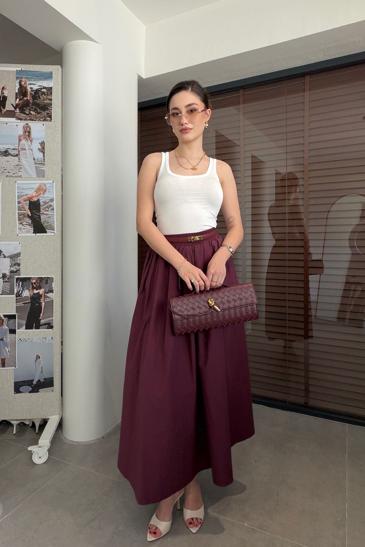 Poplin Beli Lastikli Cep Detay Etek- BORDO