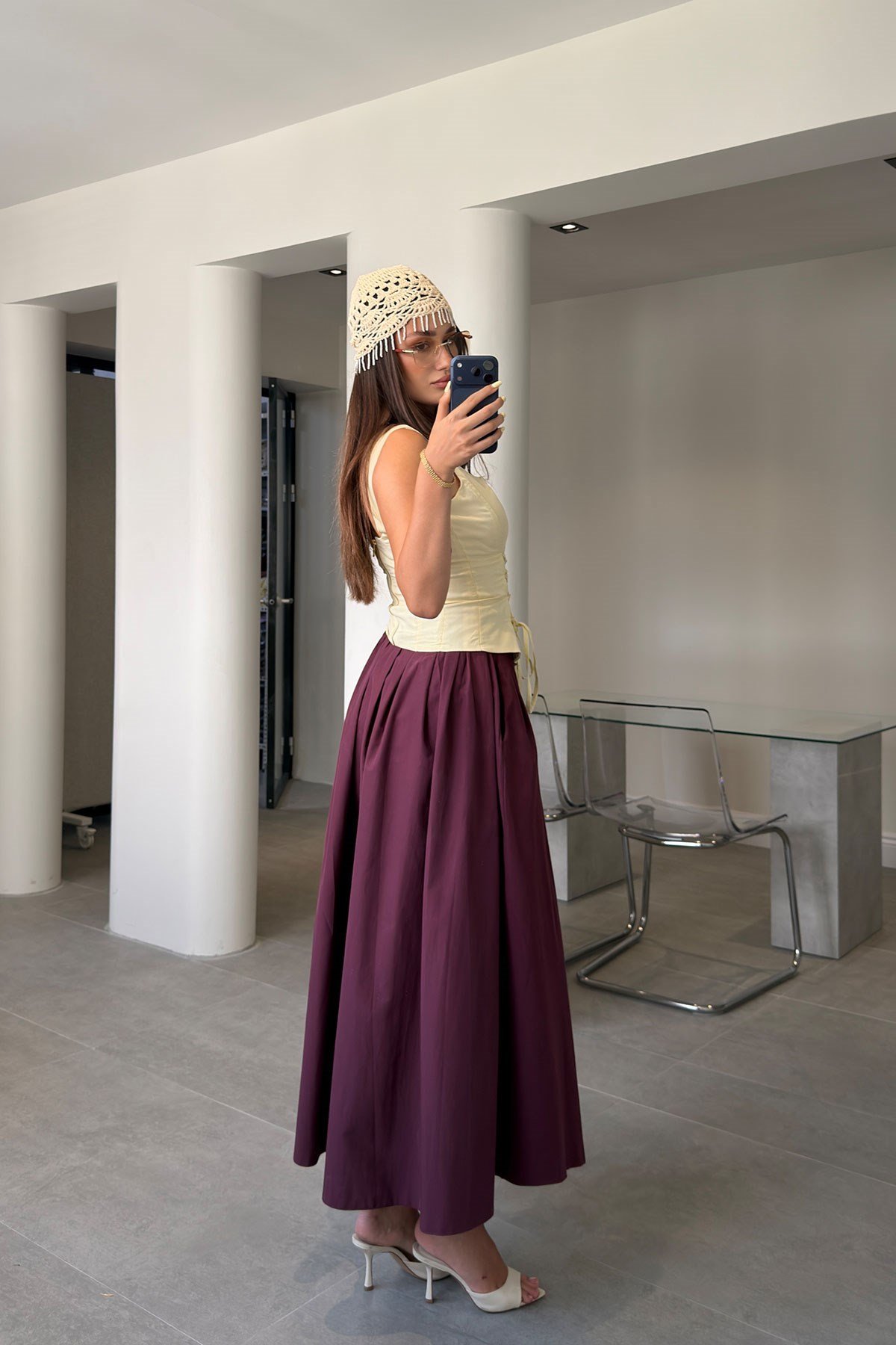 Poplin Beli Lastikli Cep Detay Etek- BORDO