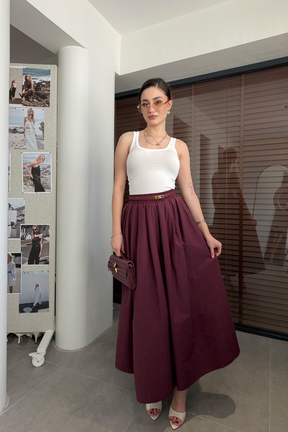 Poplin Beli Lastikli Cep Detay Etek- BORDO