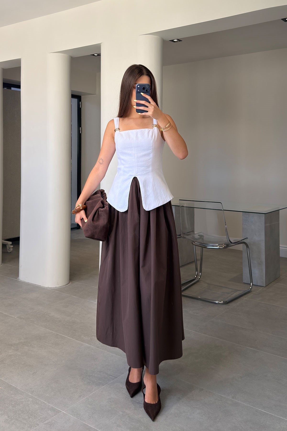Poplin Beli Lastikli Cep Detay Etek- KAHVERENGİ