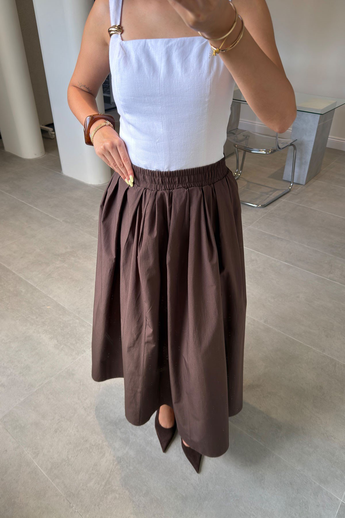 Poplin Beli Lastikli Cep Detay Etek- KAHVERENGİ