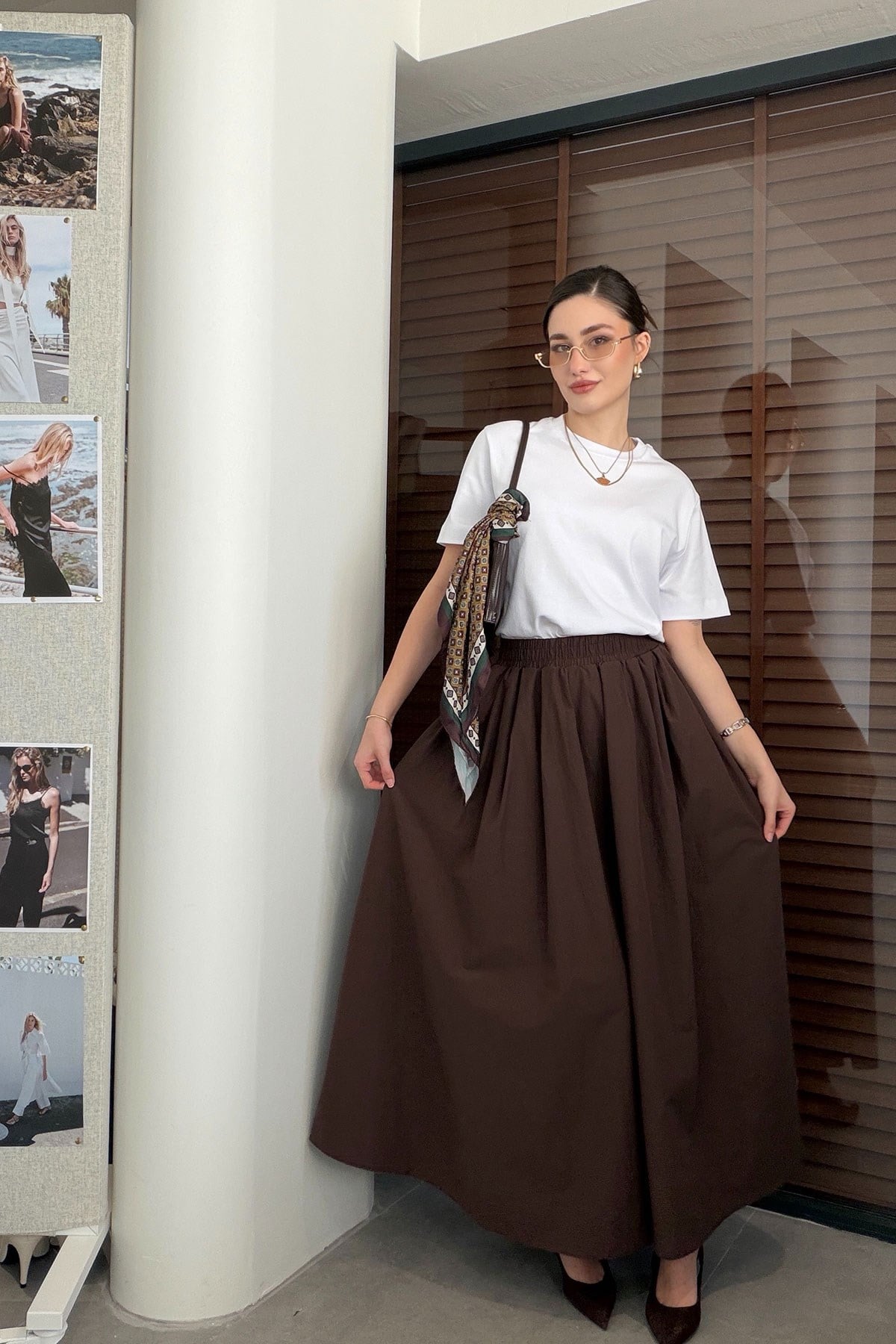 Poplin Beli Lastikli Cep Detay Etek- KAHVERENGİ
