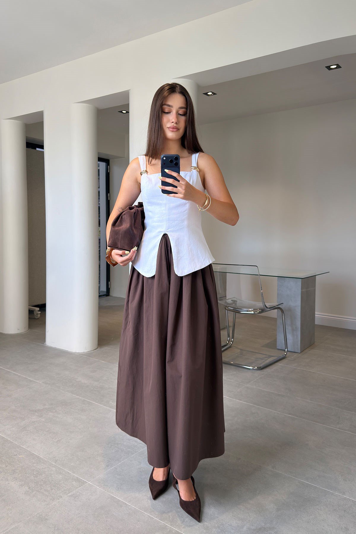 Poplin Beli Lastikli Cep Detay Etek- KAHVERENGİ