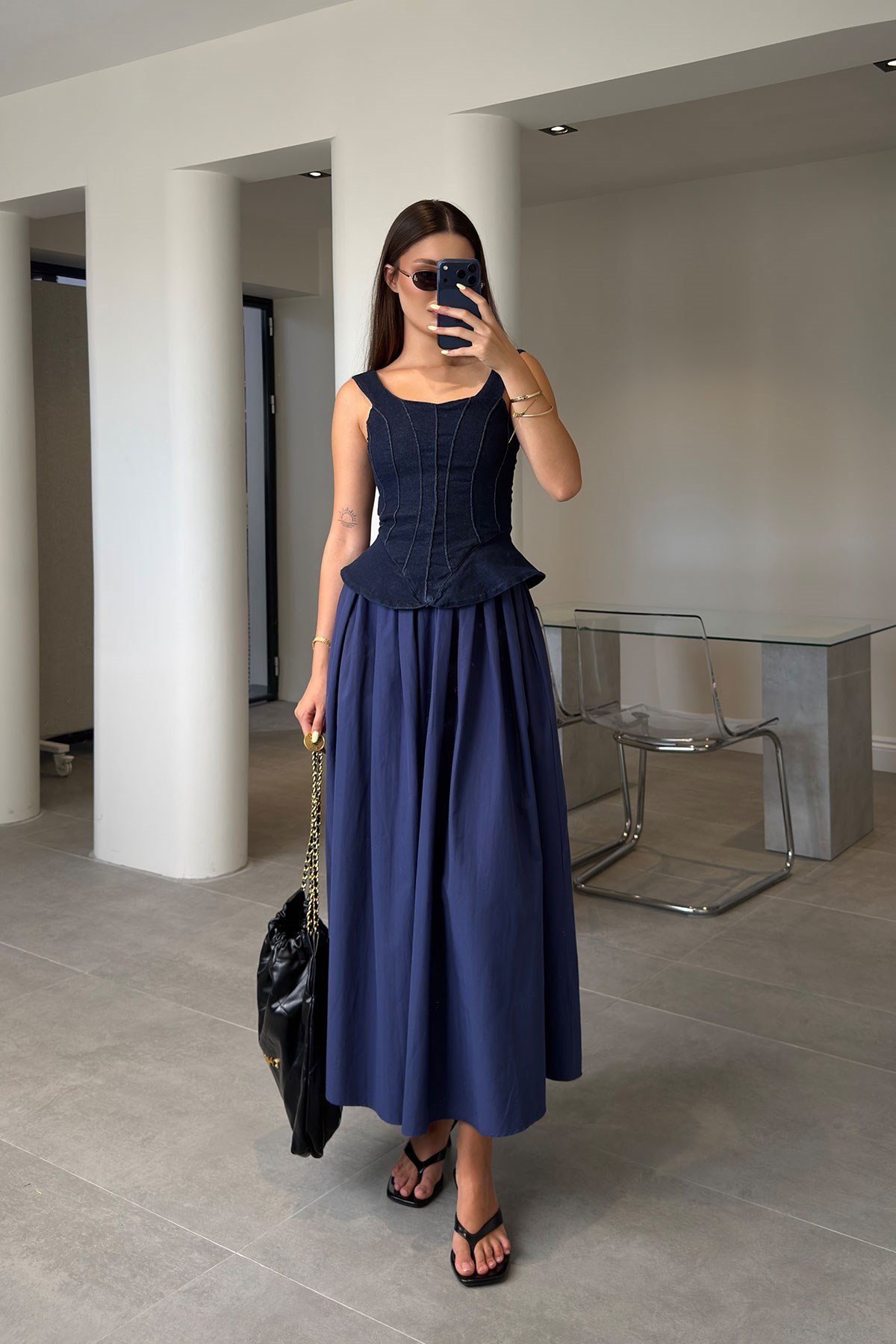 Poplin Beli Lastikli Cep Detay Etek- LACİVERT