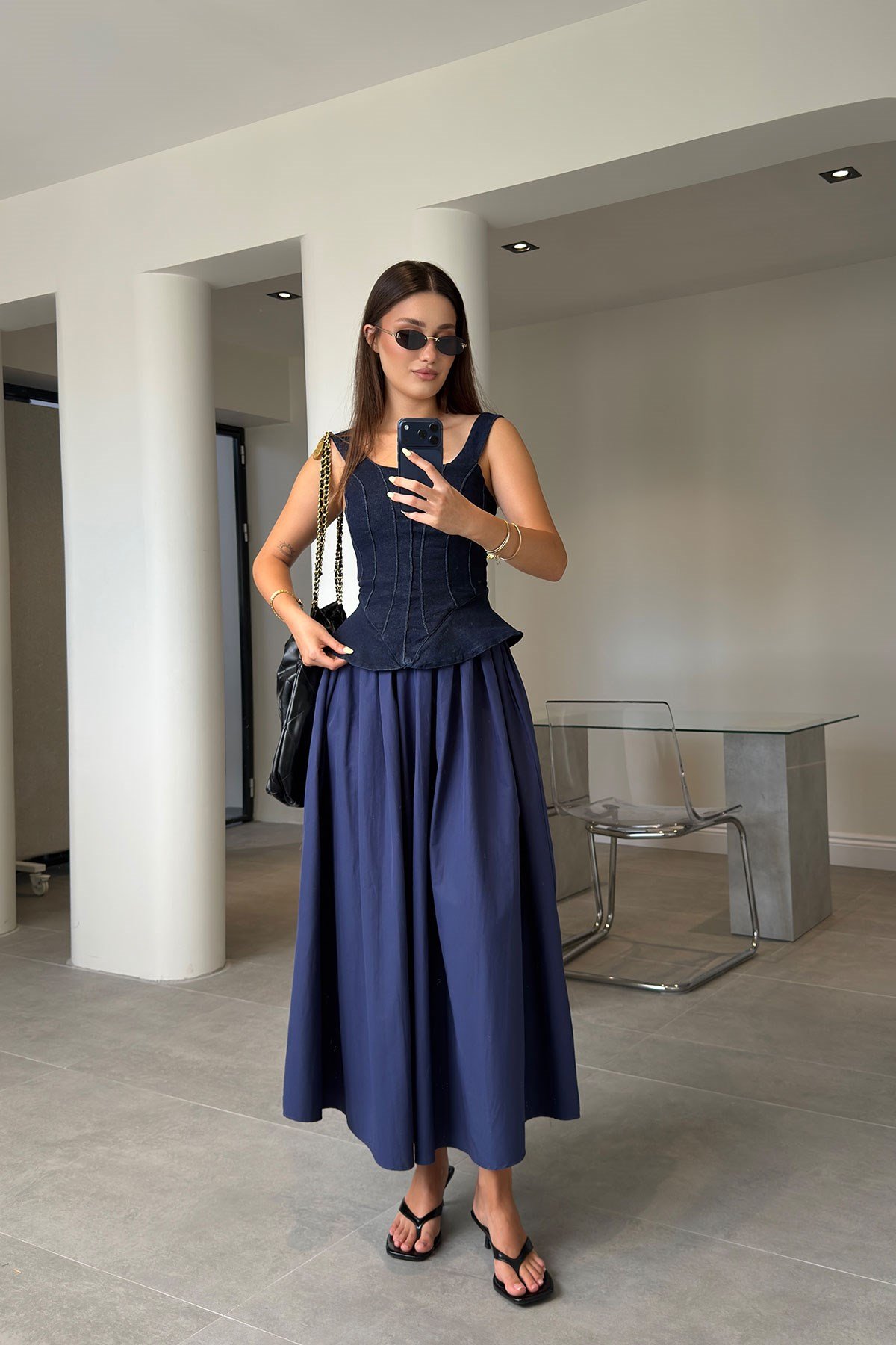 Poplin Beli Lastikli Cep Detay Etek- LACİVERT