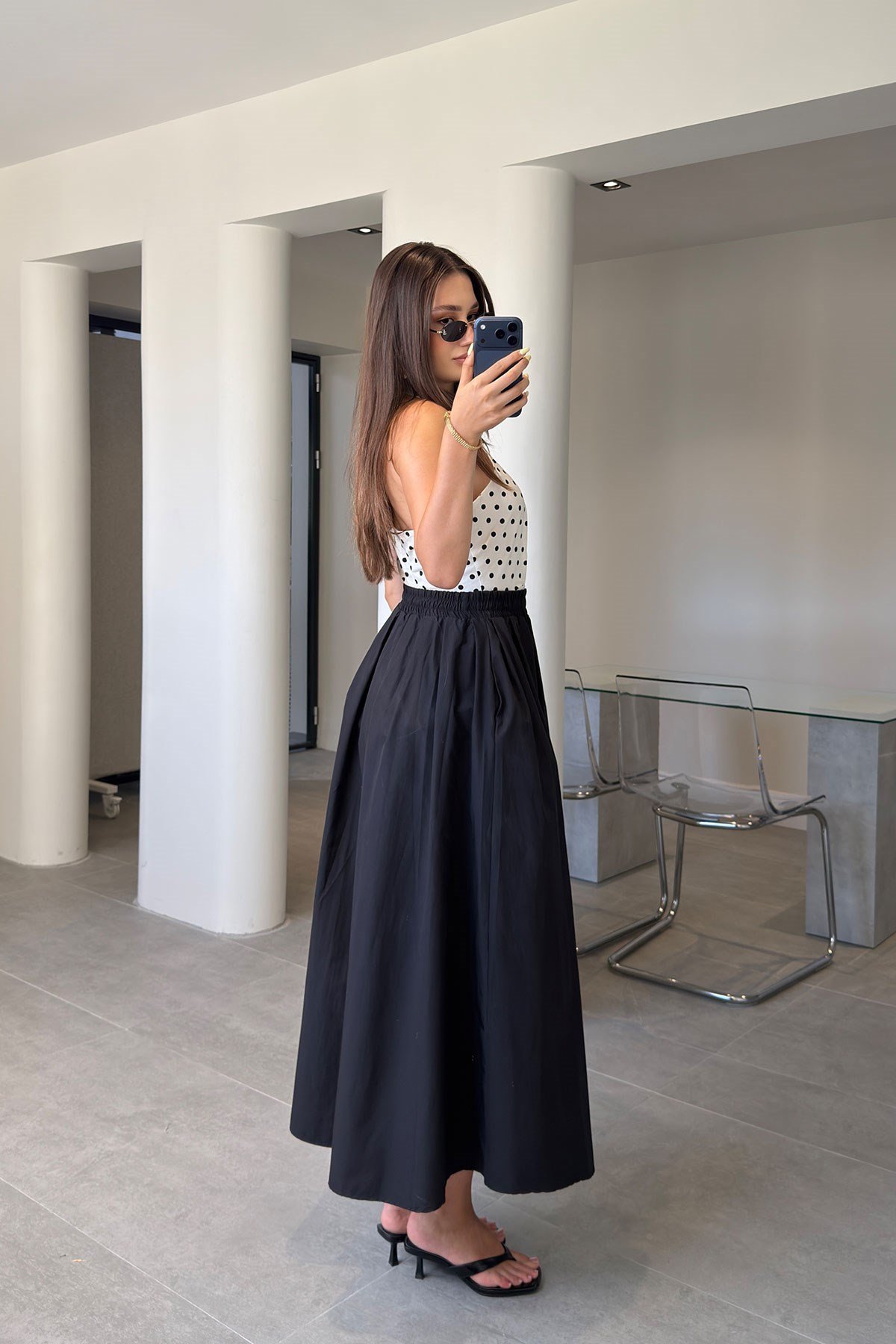 Poplin Beli Lastikli Cep Detay Etek- SİYAH