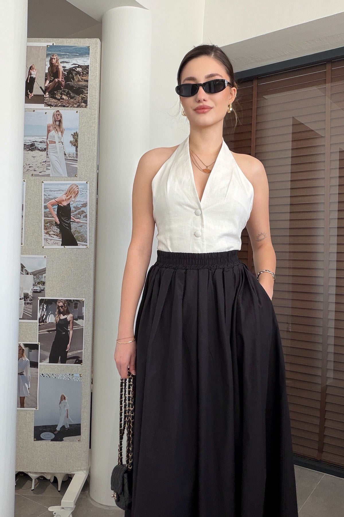 Poplin Beli Lastikli Cep Detay Etek- SİYAH